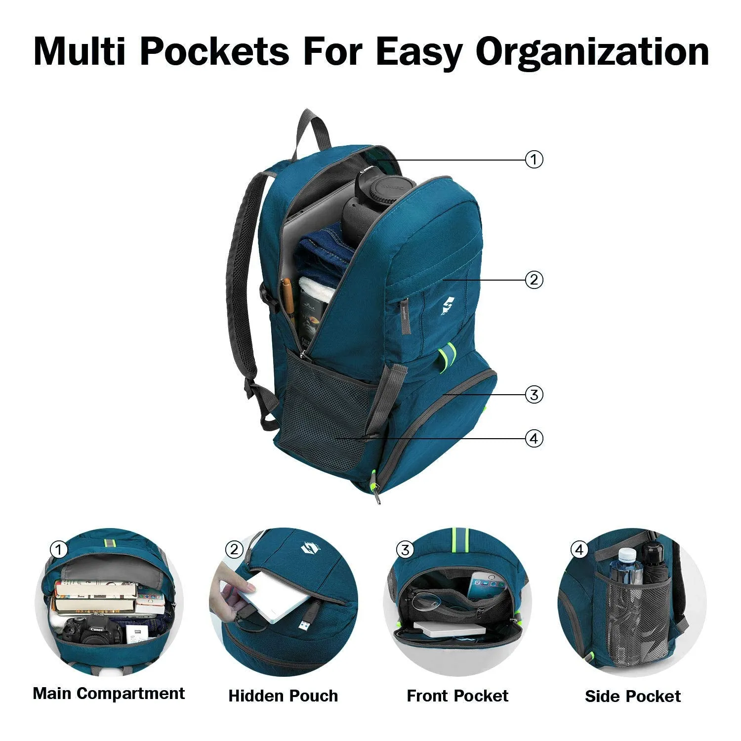 Packable Travel Hiking Backpack Daypack, Ultra Lightweight 35L Large Capacity Water Resistant Hiking Daypacks with Reflective Stripe Foldable Travel & Camping Backpack Casual Daypacks for Men & Women