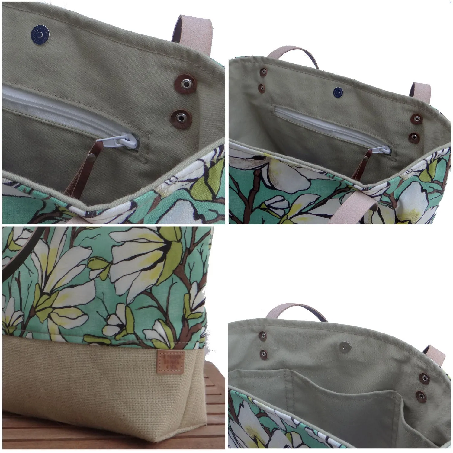 Panama Linen and Burlap Tote Bag - Floral and Beige