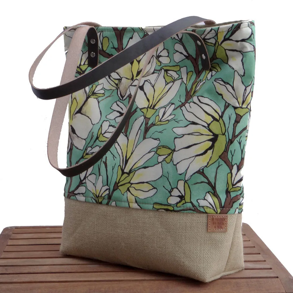 Panama Linen and Burlap Tote Bag - Floral and Beige