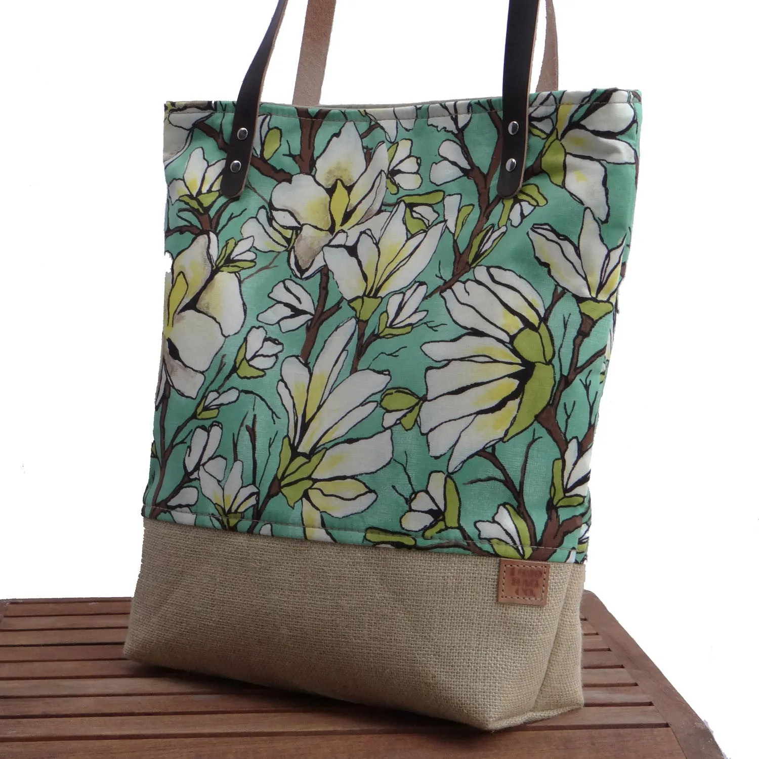 Panama Linen and Burlap Tote Bag - Floral and Beige