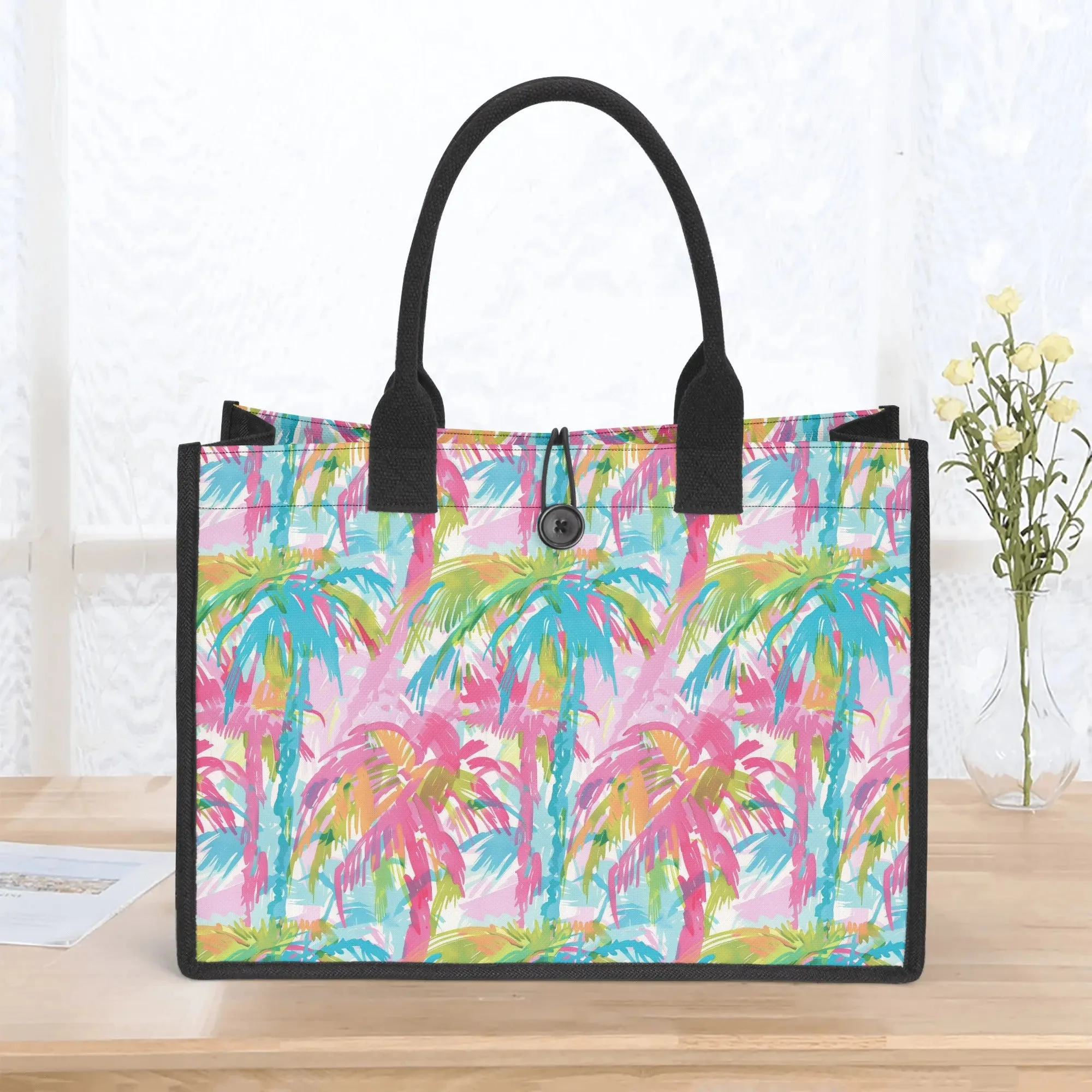 Pastel Paradise: Palm Trees in Soft Blues, Pinks, and Greens Structured Button Closure Canvas Tote Bag in 2 Sizes