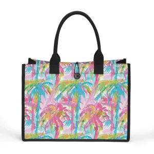 Pastel Paradise: Palm Trees in Soft Blues, Pinks, and Greens Structured Button Closure Canvas Tote Bag in 2 Sizes