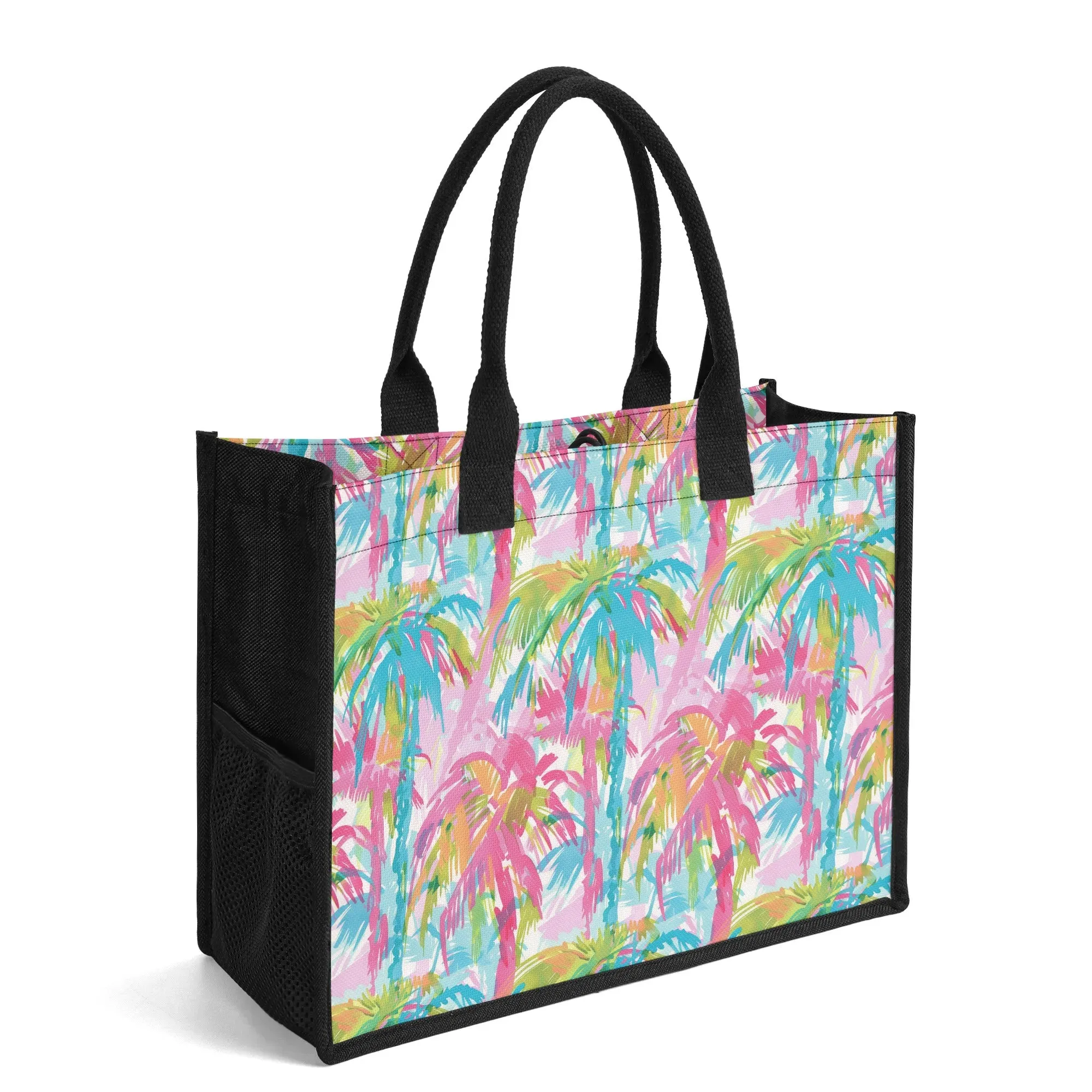 Pastel Paradise: Palm Trees in Soft Blues, Pinks, and Greens Structured Button Closure Canvas Tote Bag in 2 Sizes