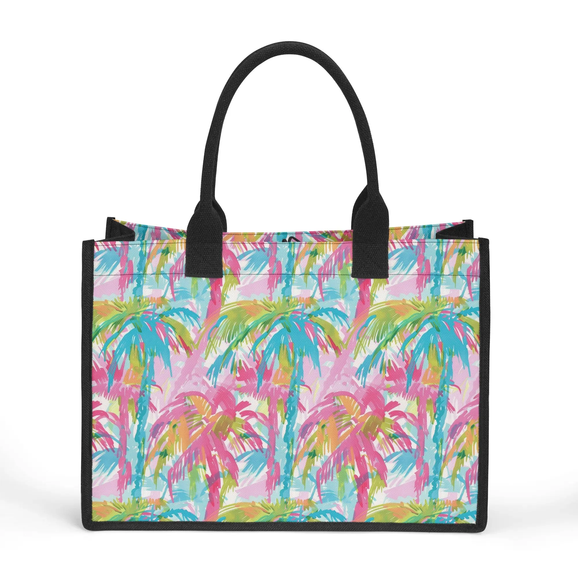 Pastel Paradise: Palm Trees in Soft Blues, Pinks, and Greens Structured Button Closure Canvas Tote Bag in 2 Sizes