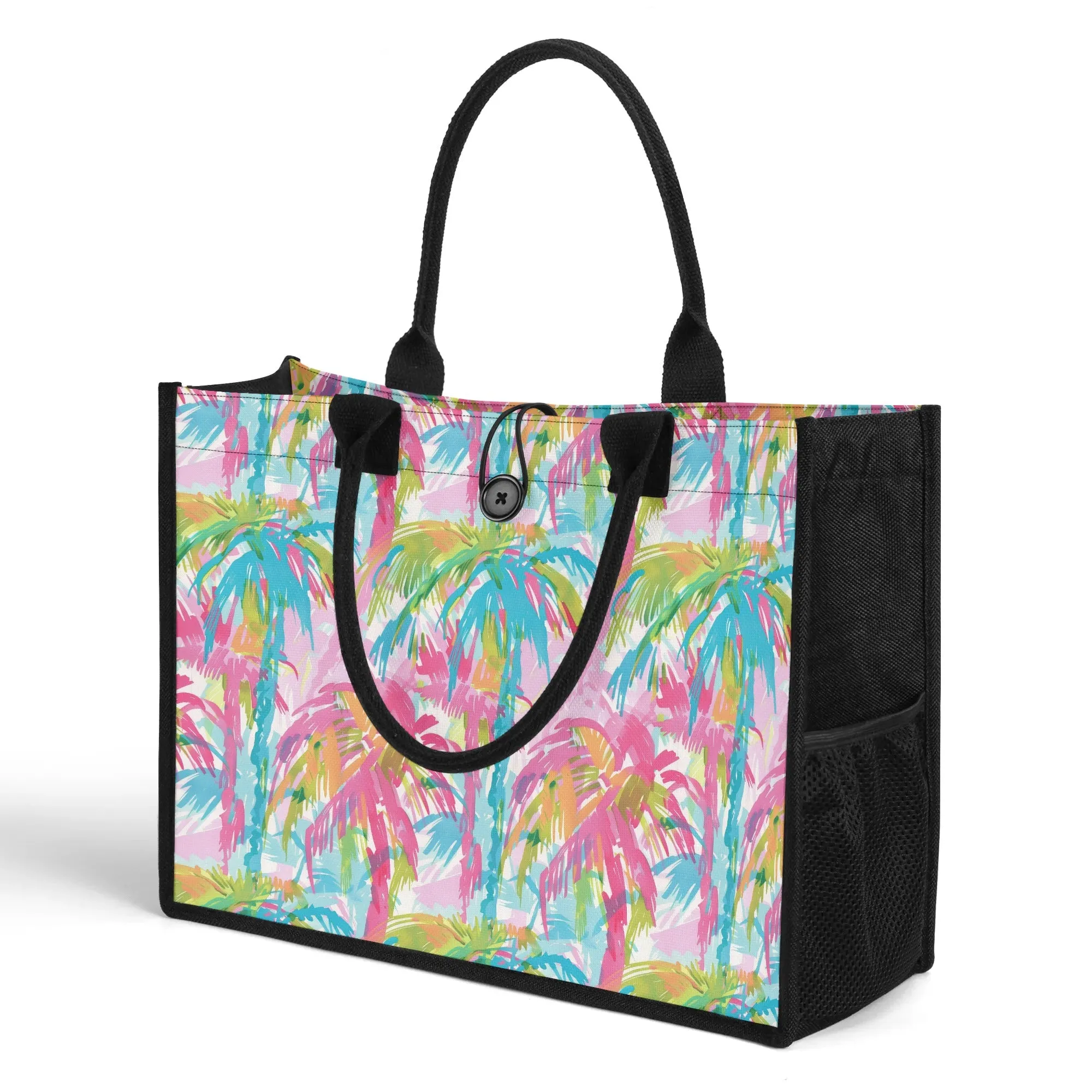 Pastel Paradise: Palm Trees in Soft Blues, Pinks, and Greens Structured Button Closure Canvas Tote Bag in 2 Sizes