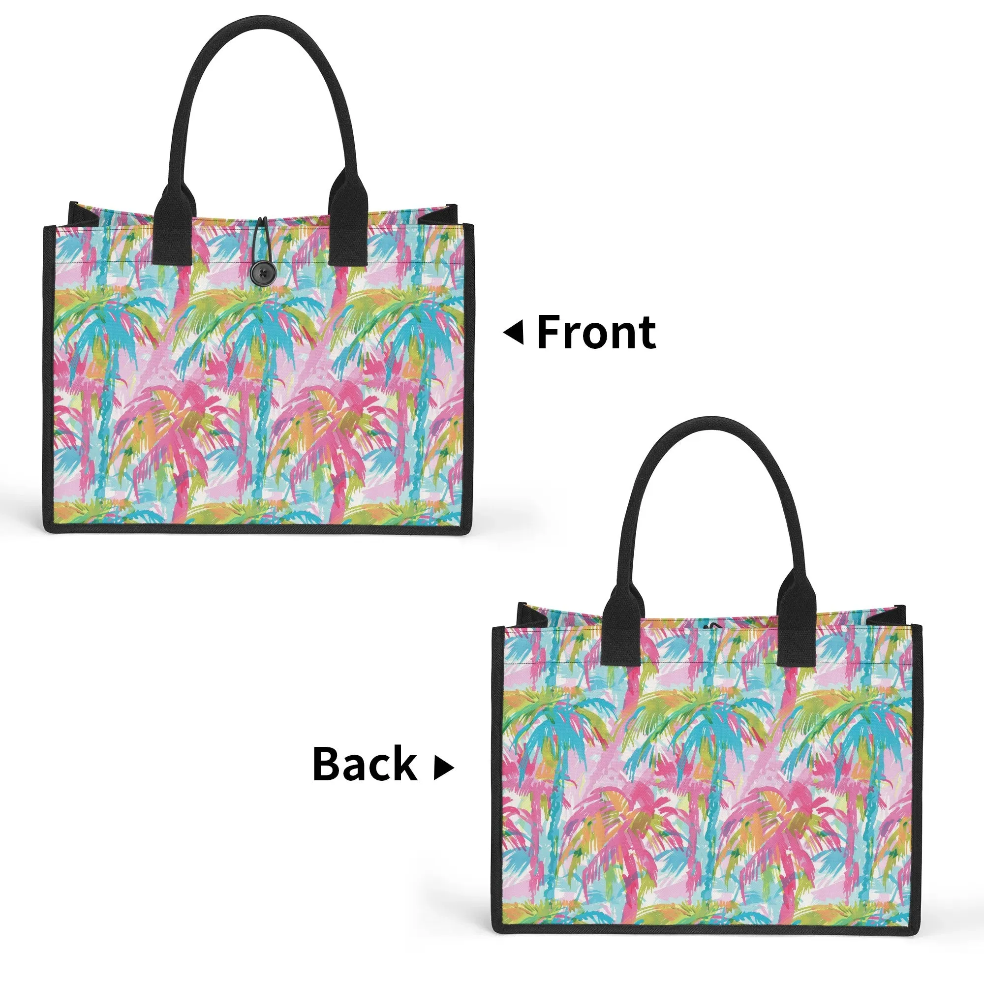 Pastel Paradise: Palm Trees in Soft Blues, Pinks, and Greens Structured Button Closure Canvas Tote Bag in 2 Sizes