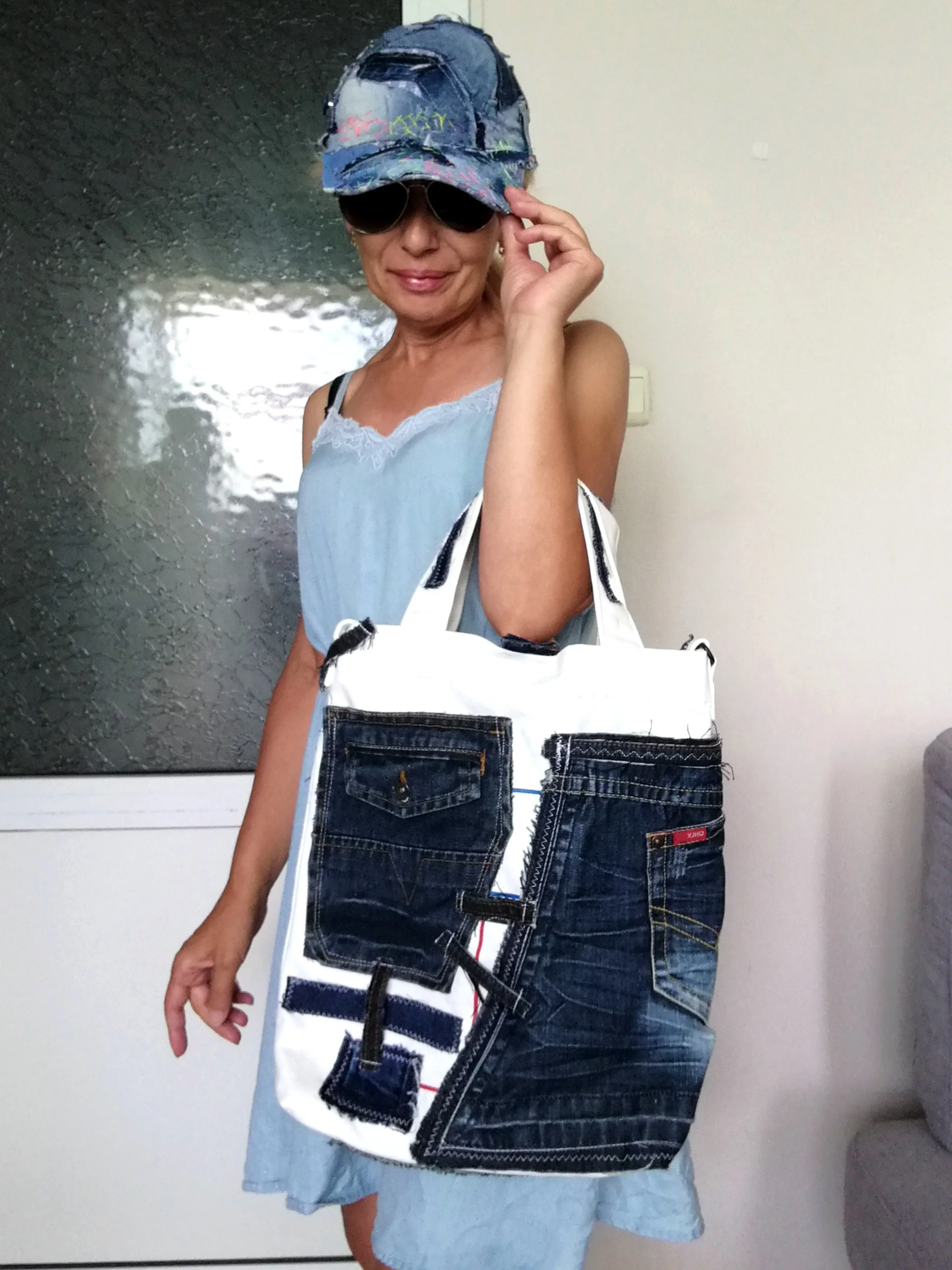 Patchwork Denim Shoulder Bag White Canvas Beach Crossbody Bag For Women