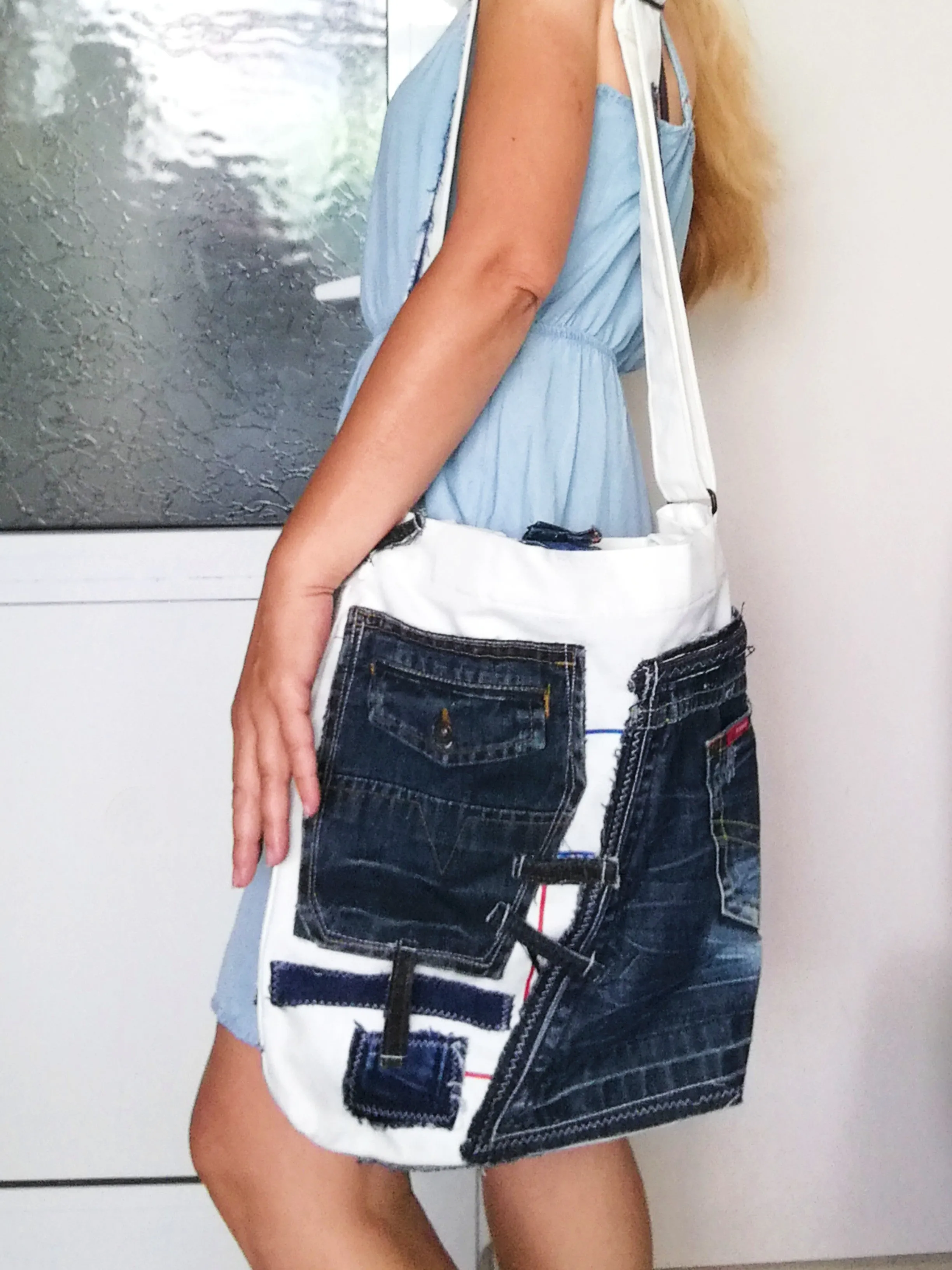 Patchwork Denim Shoulder Bag White Canvas Beach Crossbody Bag For Women