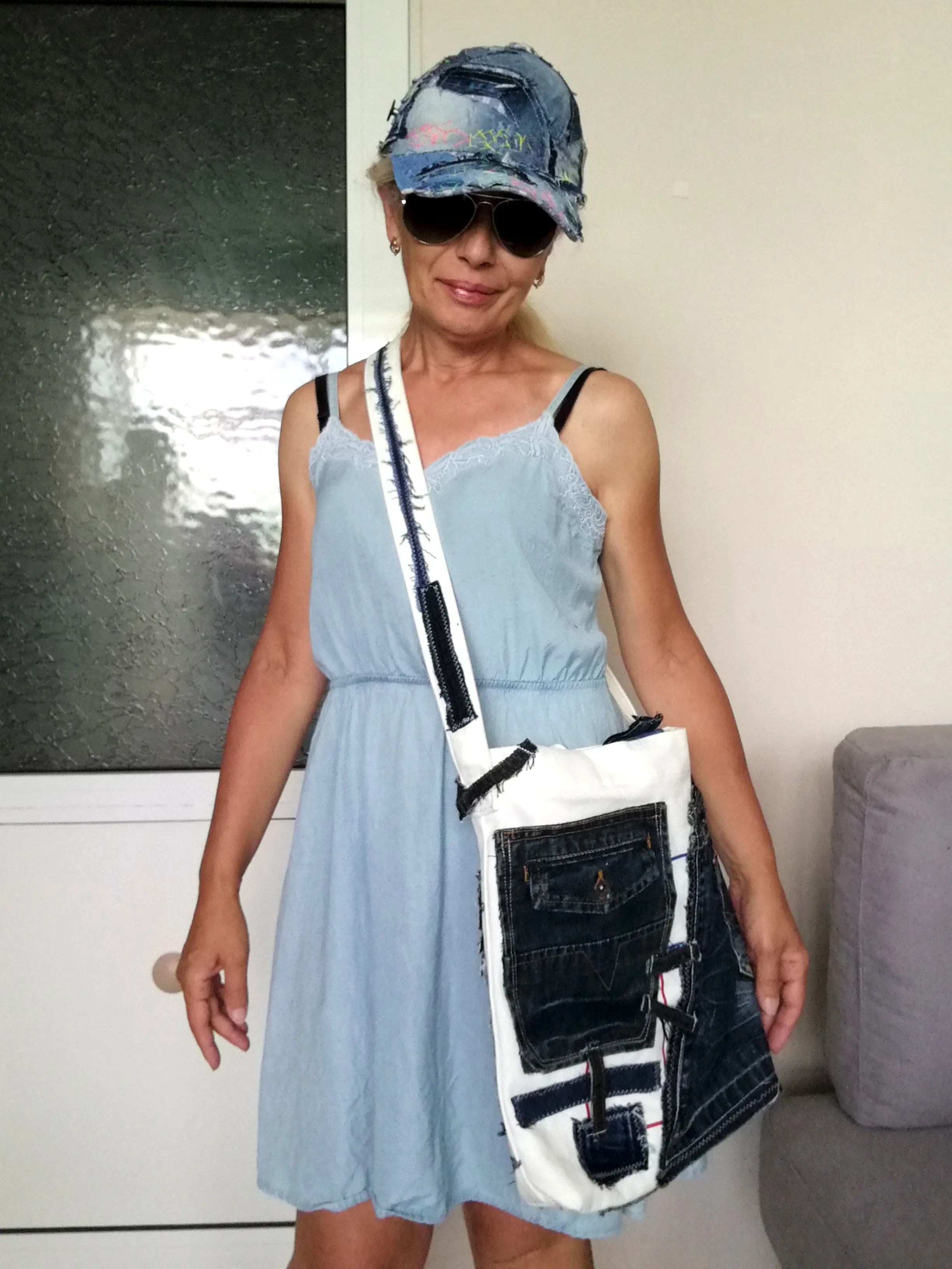 Patchwork Denim Shoulder Bag White Canvas Beach Crossbody Bag For Women