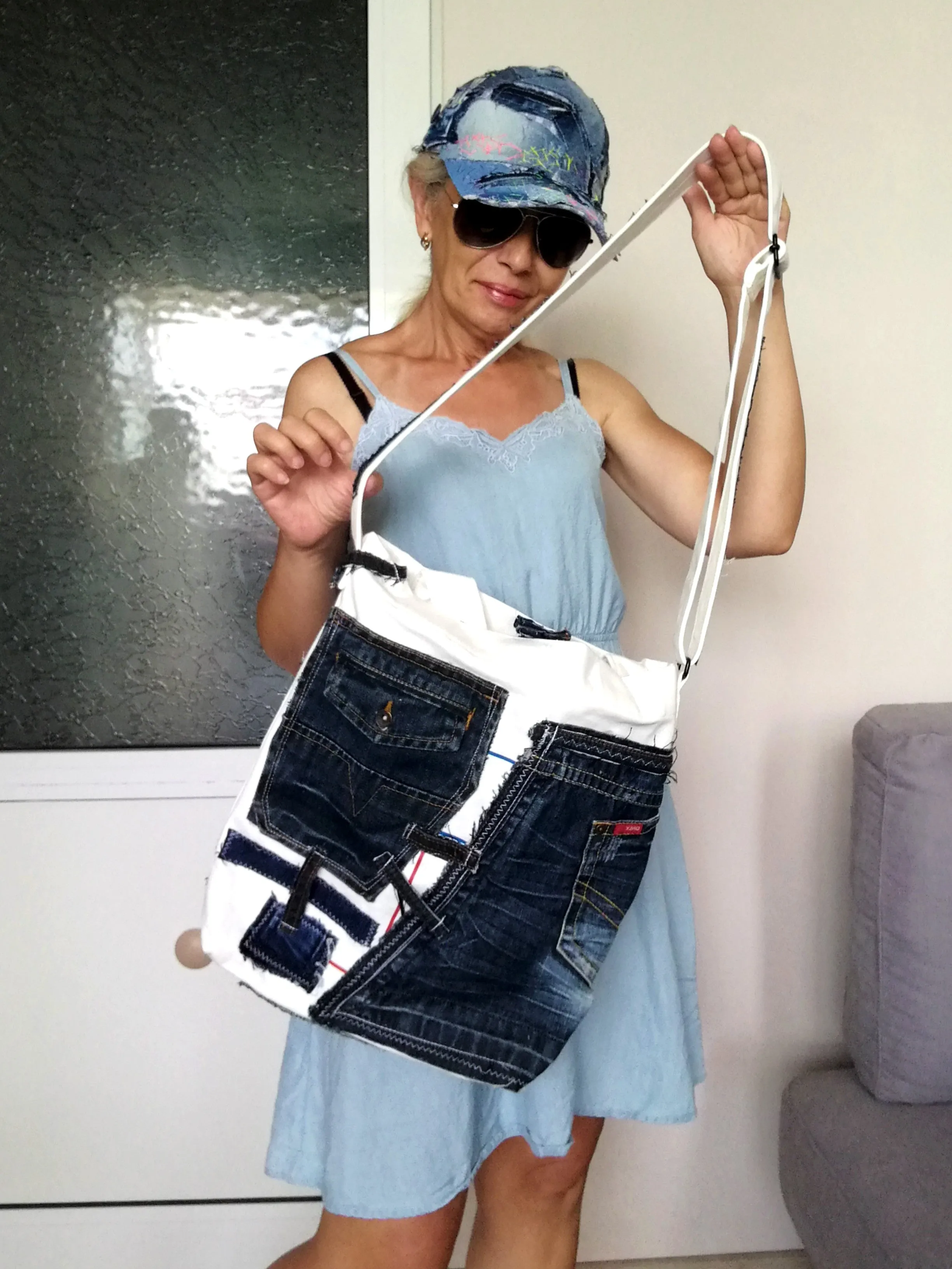 Patchwork Denim Shoulder Bag White Canvas Beach Crossbody Bag For Women
