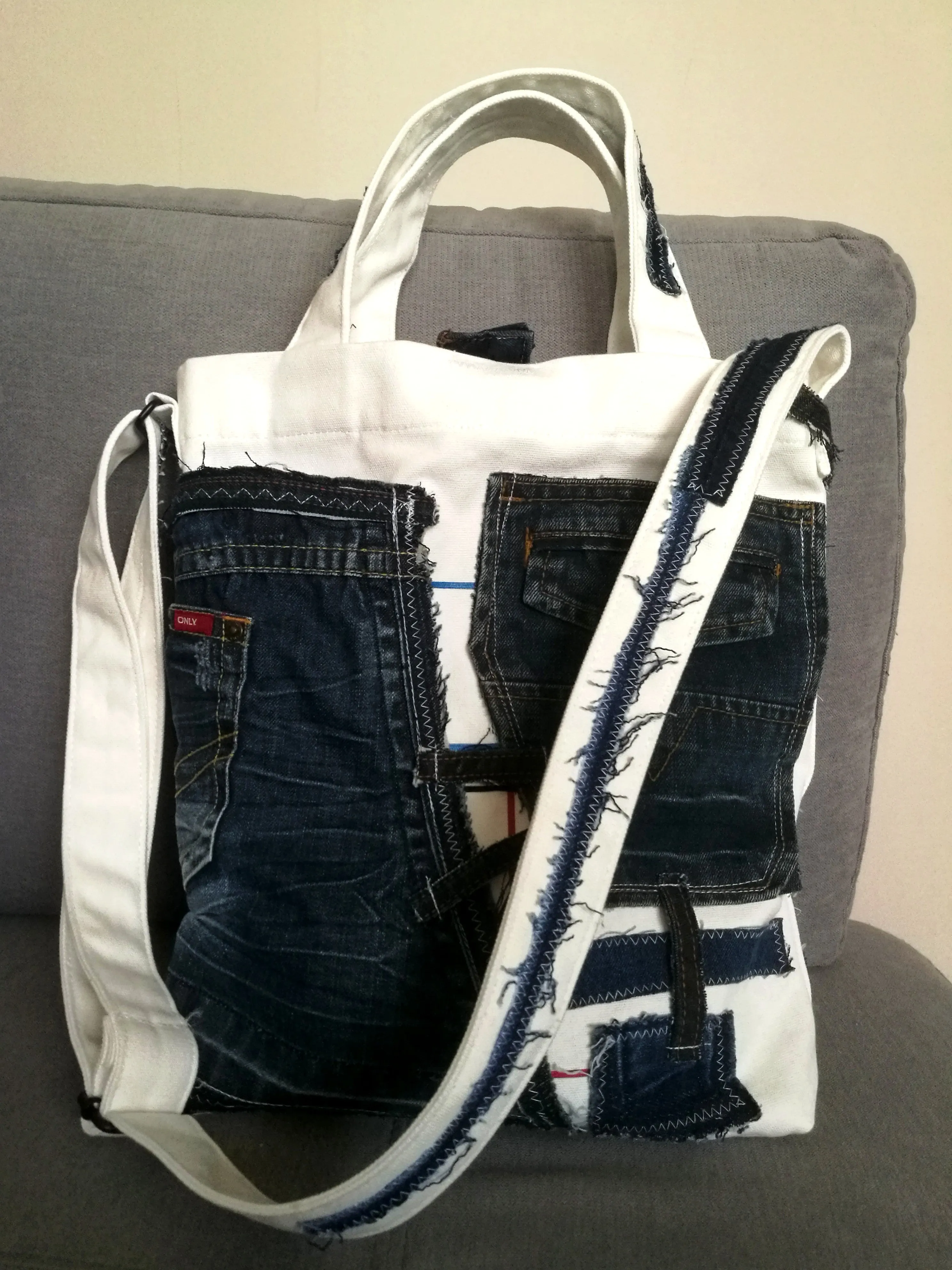 Patchwork Denim Shoulder Bag White Canvas Beach Crossbody Bag For Women