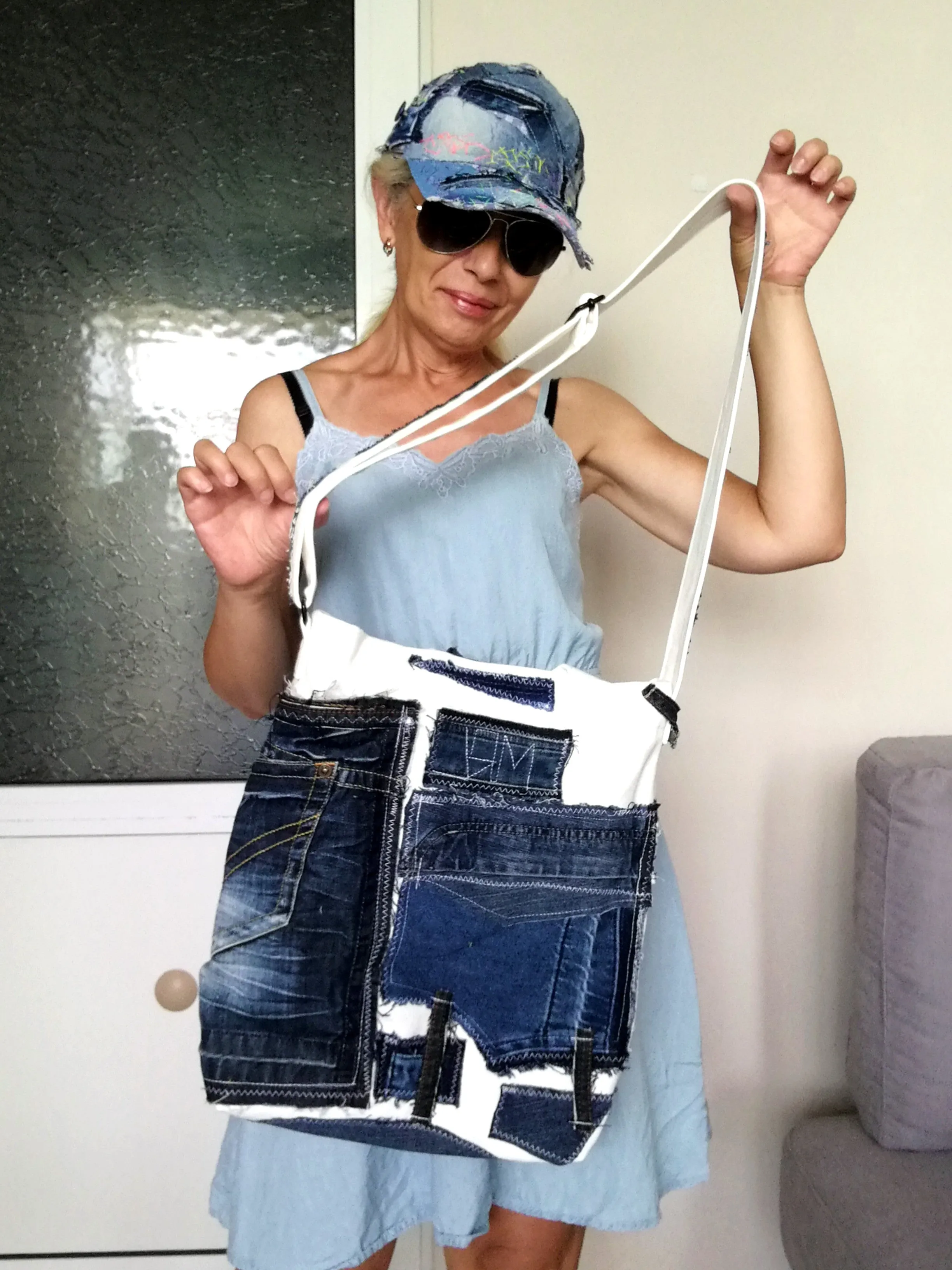 Patchwork Denim Shoulder Bag White Canvas Beach Crossbody Bag For Women