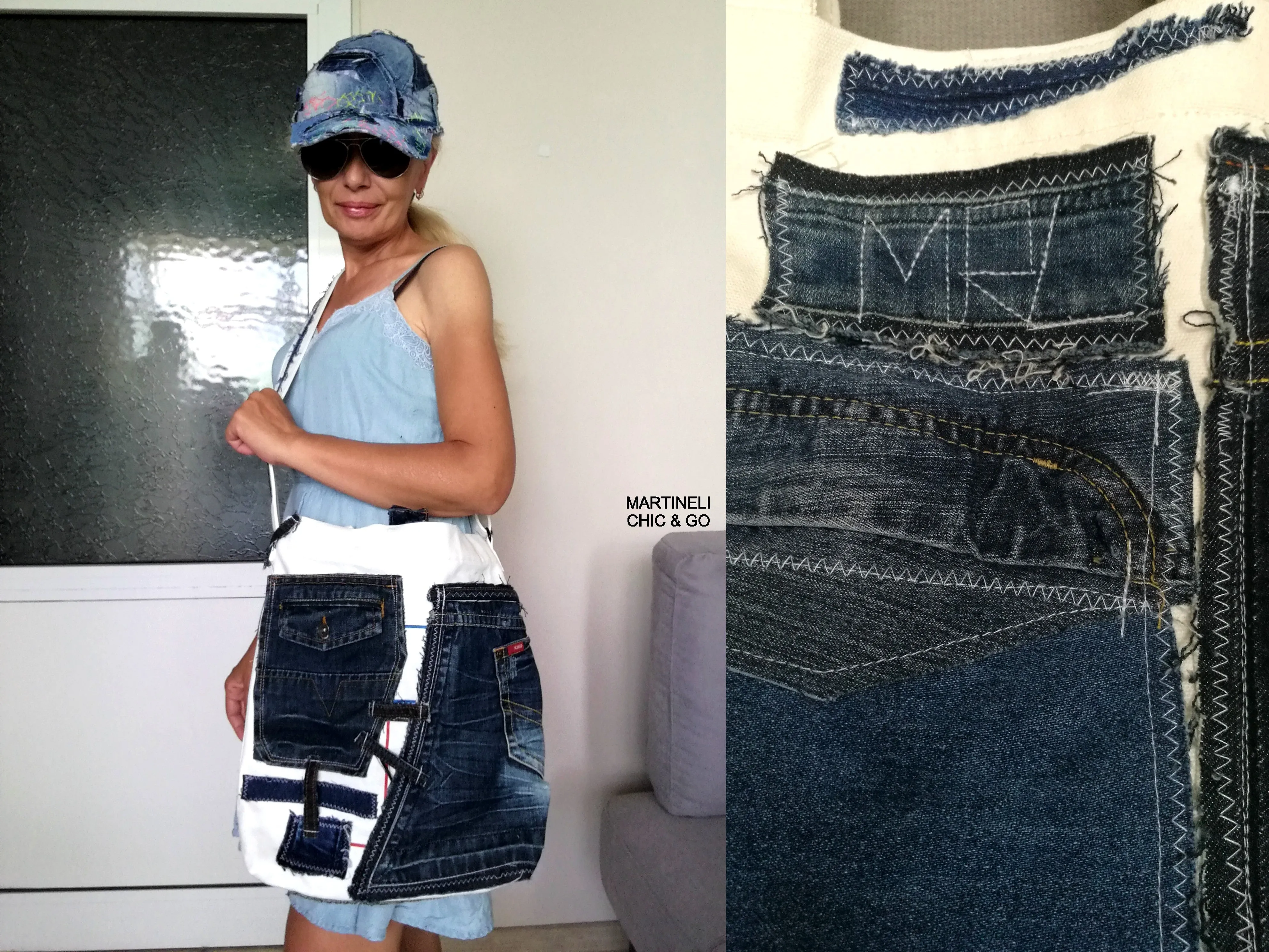 Patchwork Denim Shoulder Bag White Canvas Beach Crossbody Bag For Women