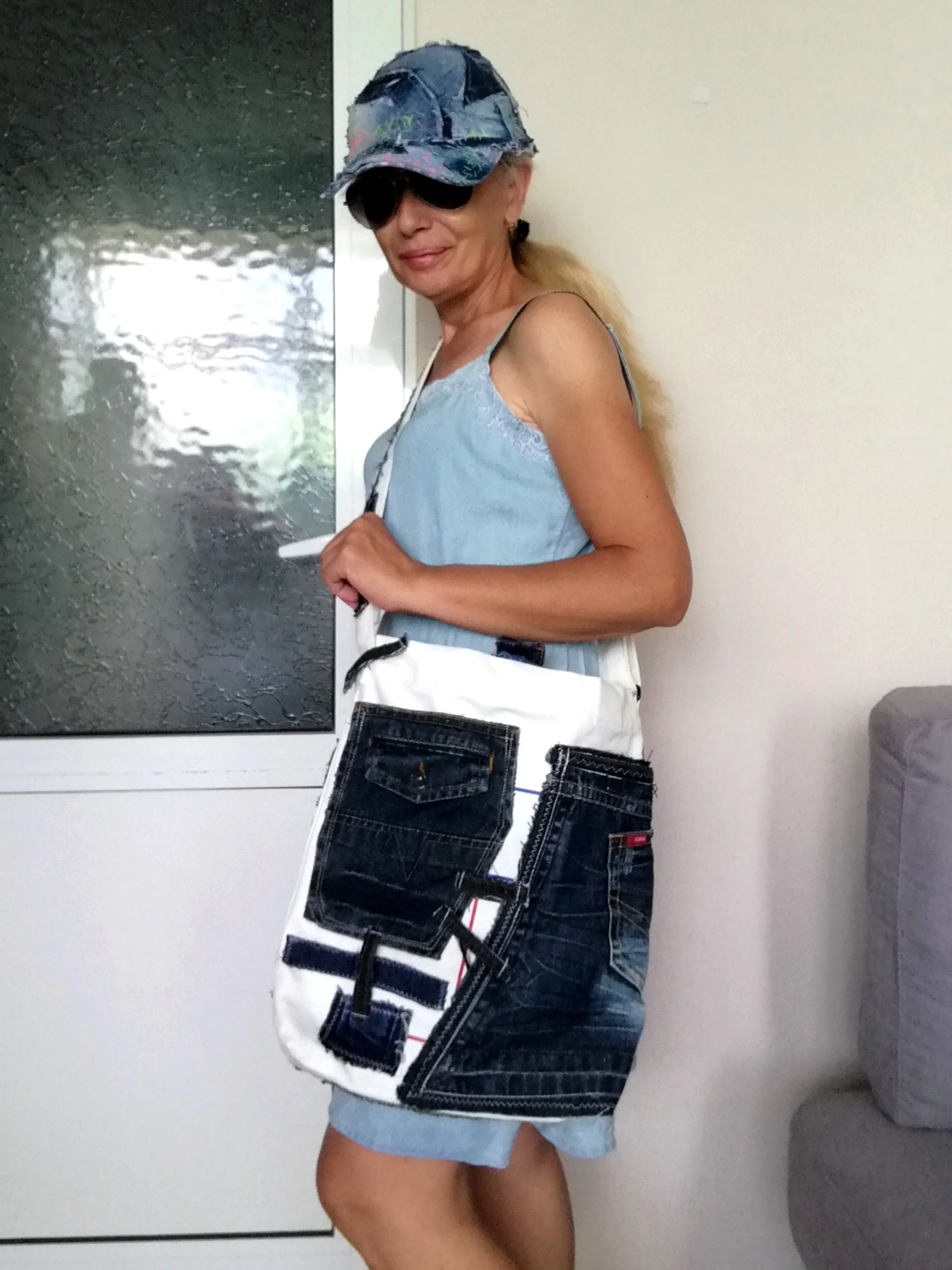Patchwork Denim Shoulder Bag White Canvas Beach Crossbody Bag For Women