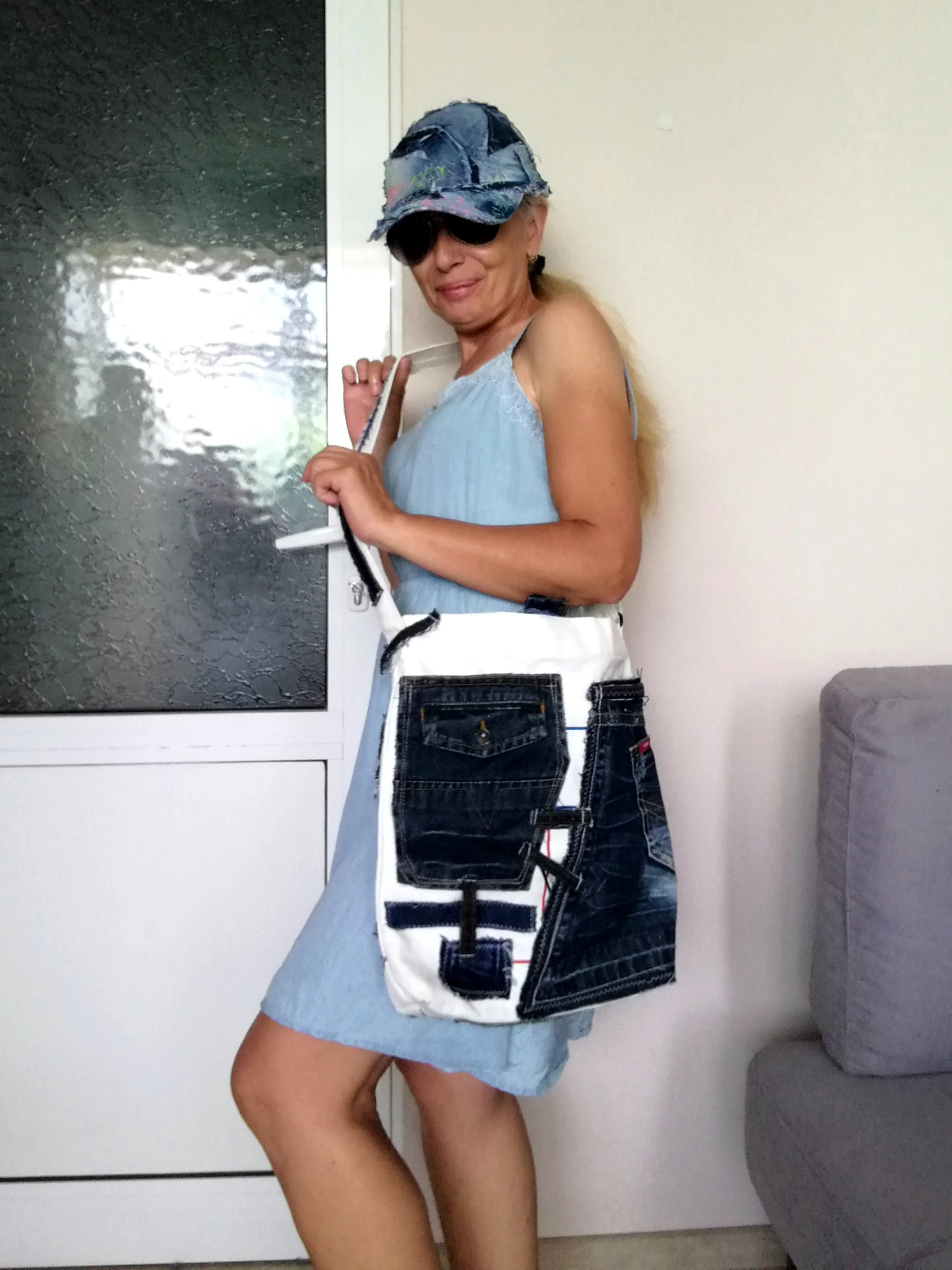 Patchwork Denim Shoulder Bag White Canvas Beach Crossbody Bag For Women