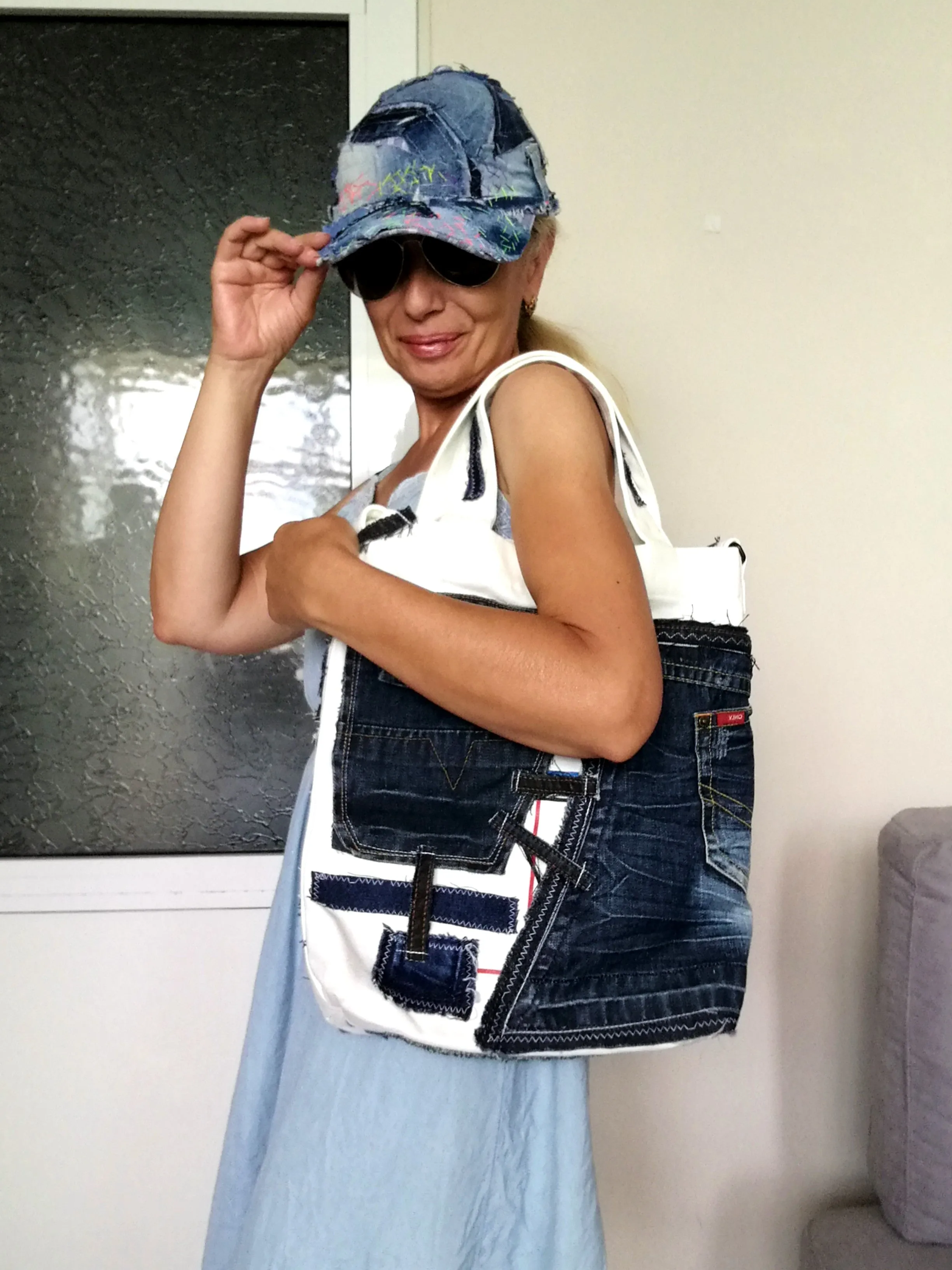 Patchwork Denim Shoulder Bag White Canvas Beach Crossbody Bag For Women
