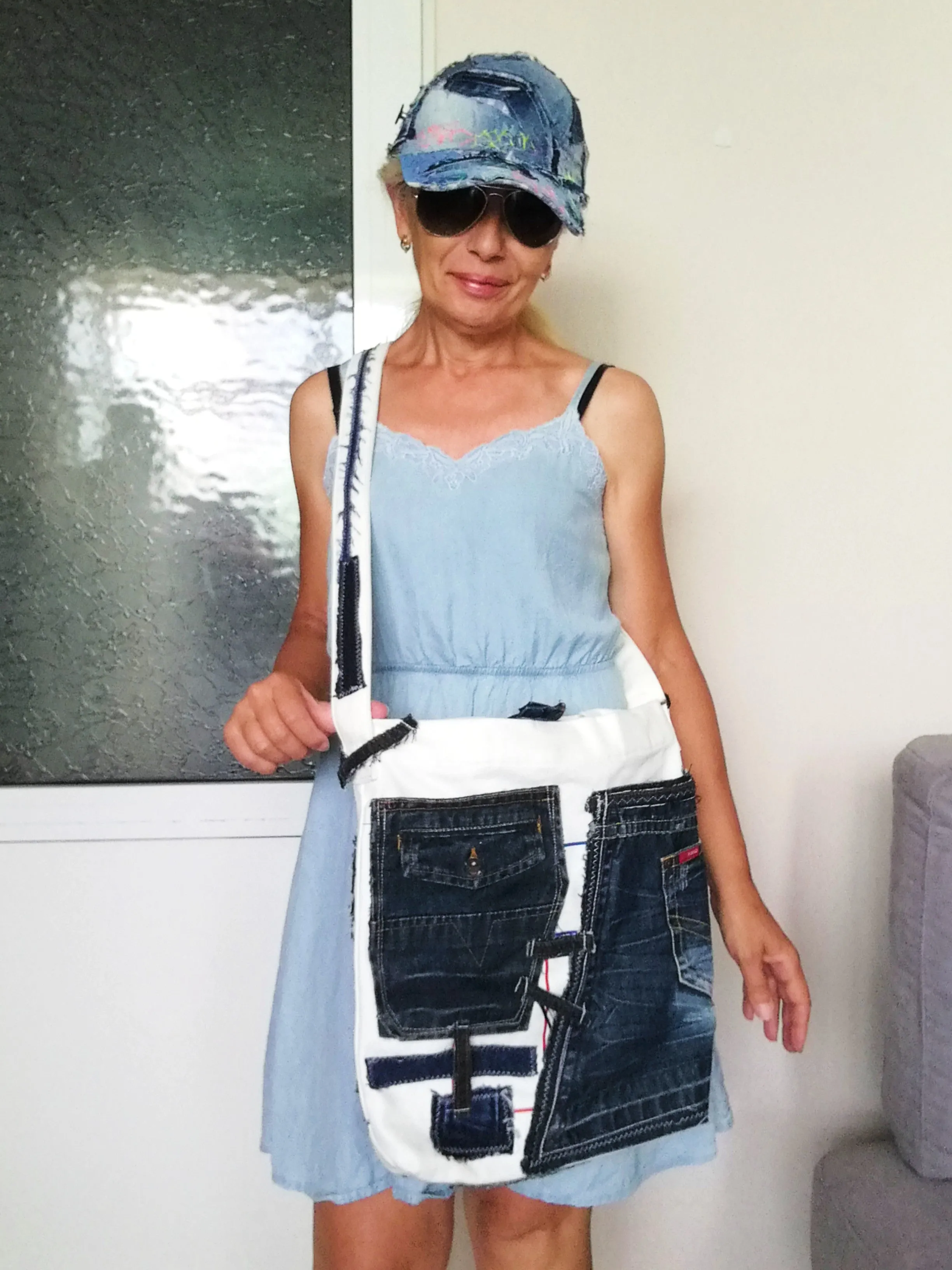 Patchwork Denim Shoulder Bag White Canvas Beach Crossbody Bag For Women