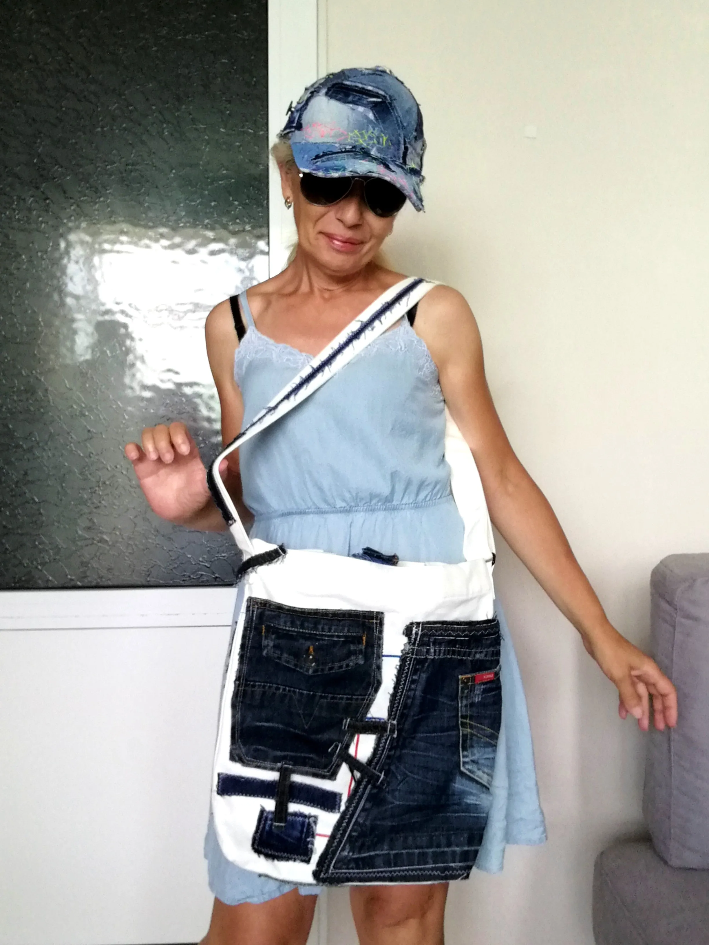 Patchwork Denim Shoulder Bag White Canvas Beach Crossbody Bag For Women