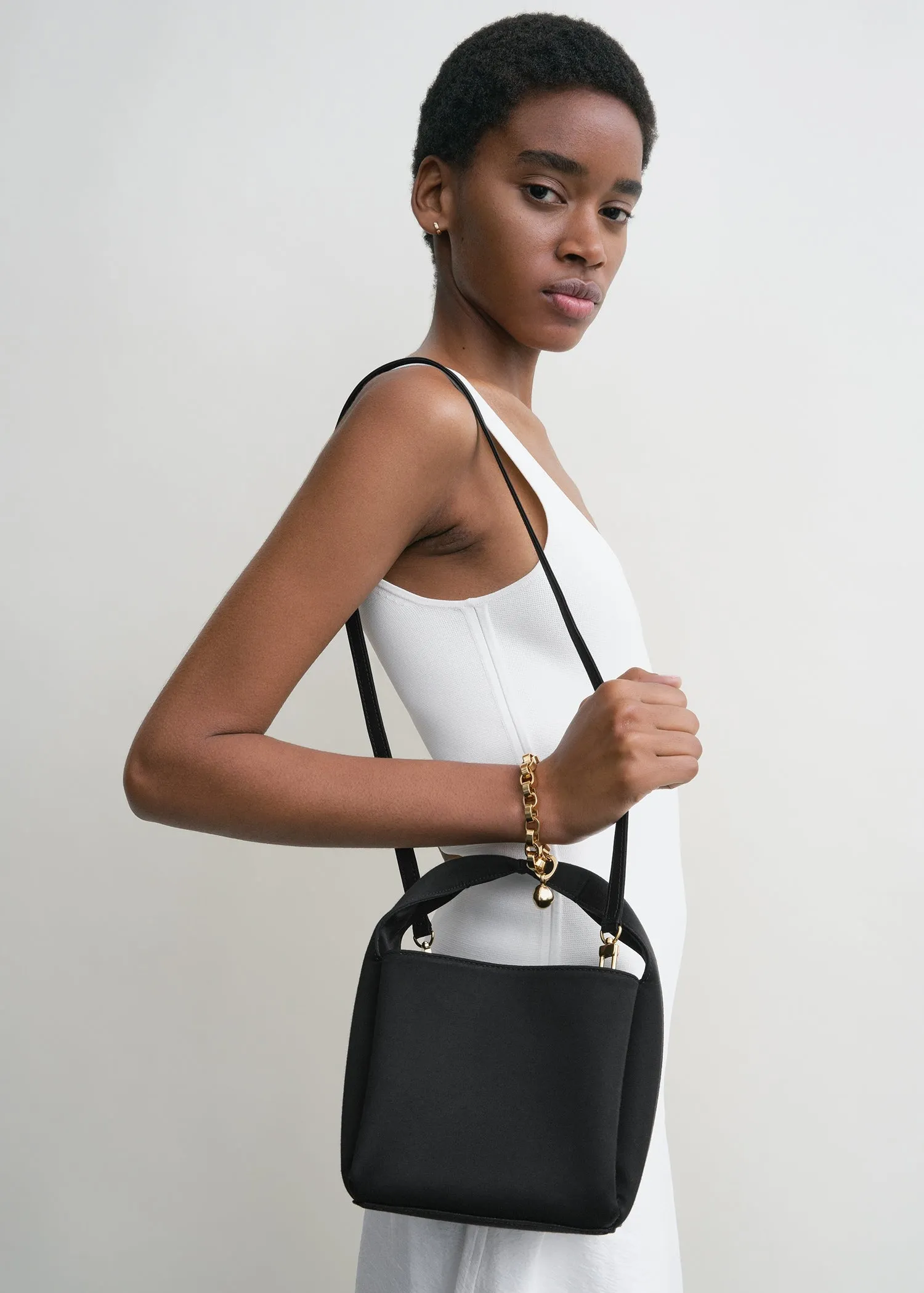 Petite satin bucket bag black
