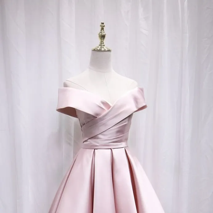 Pink Pleated Satin Homecoming Dress With Off Shoulder