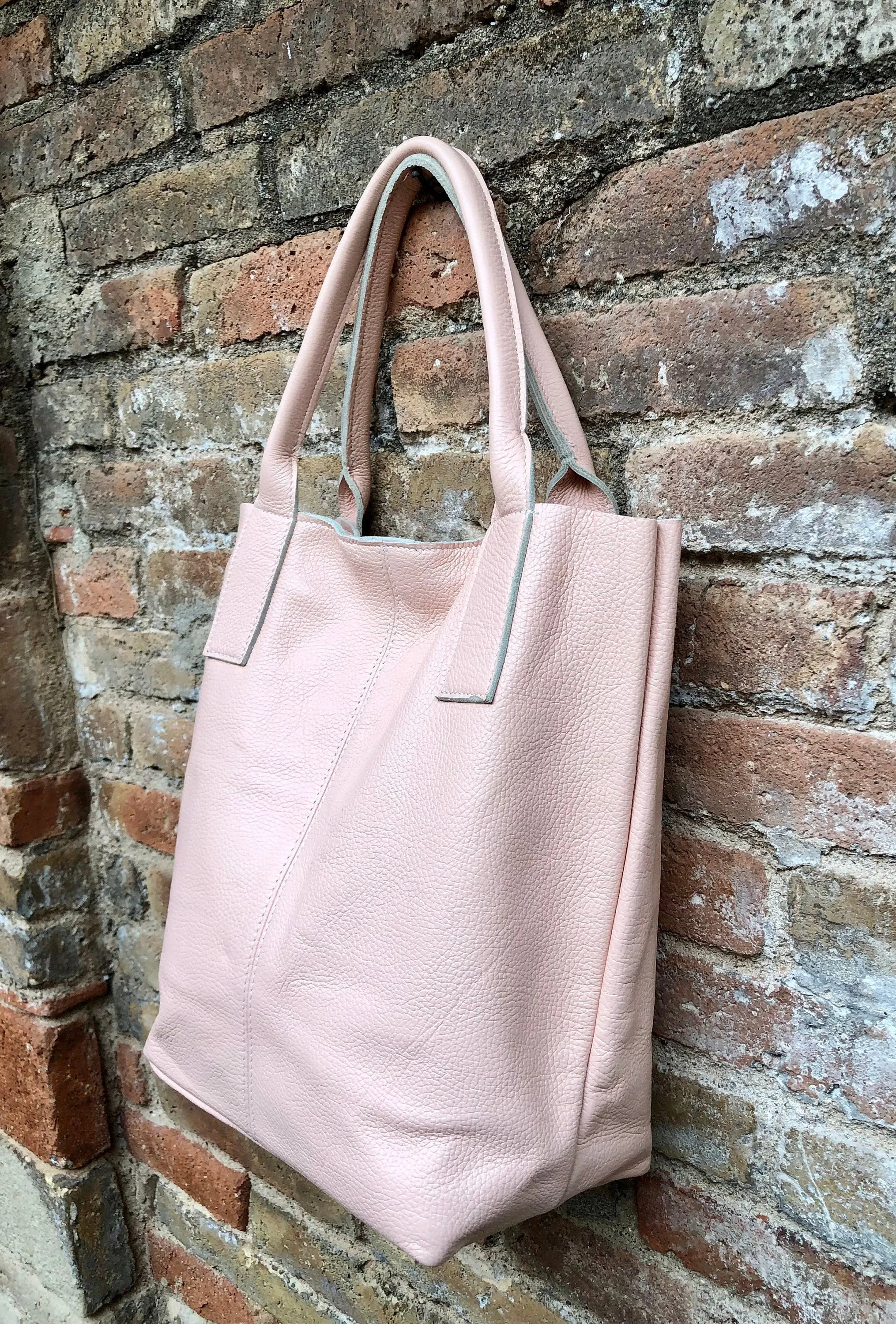 PINK shopper bag in GENUINE leather. Large carry all bag for your laptop, books. Light pink leather tote /  bucket bag. Pink leather purse