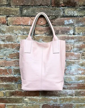 PINK shopper bag in GENUINE leather. Large carry all bag for your laptop, books. Light pink leather tote /  bucket bag. Pink leather purse