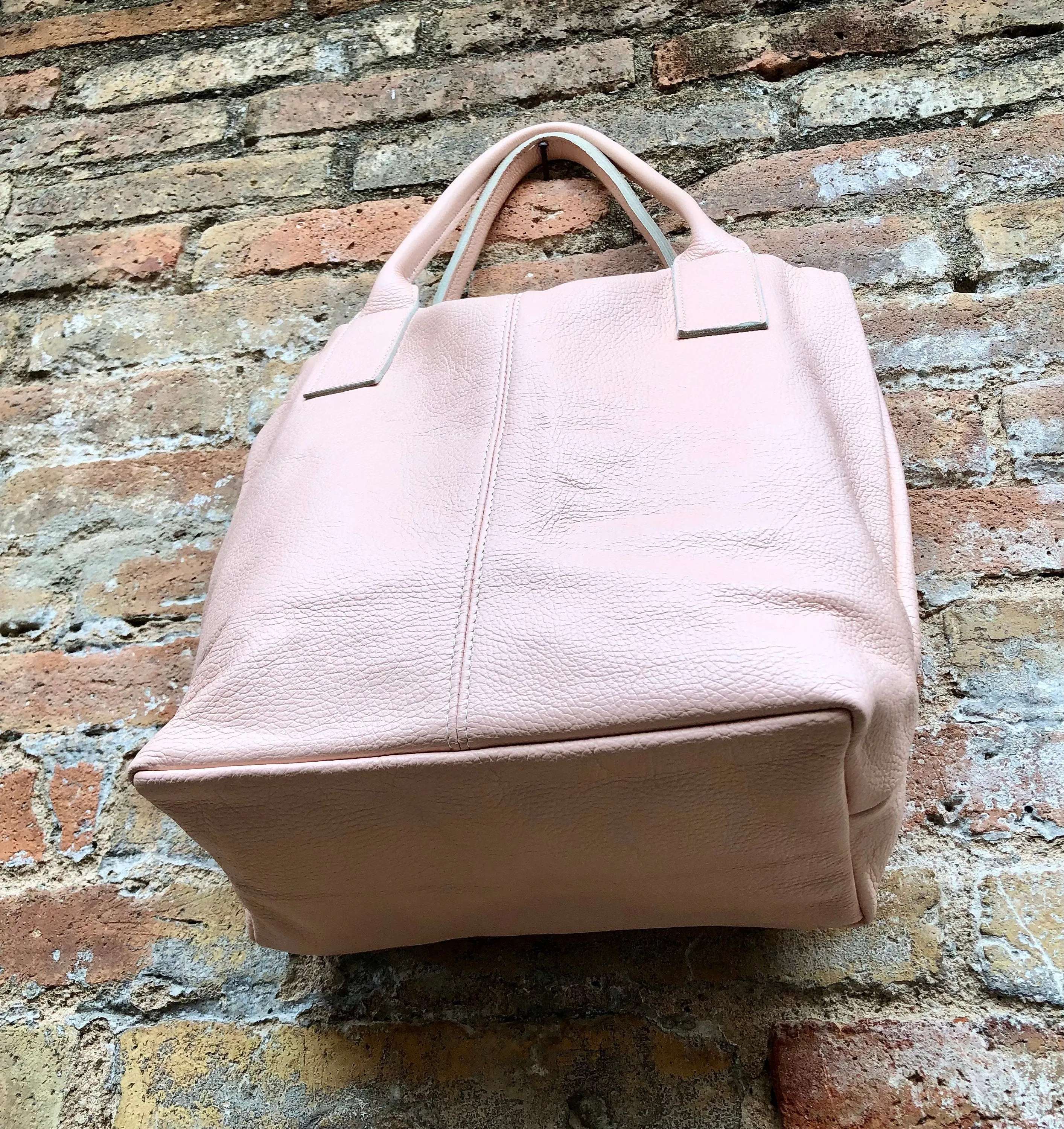 PINK shopper bag in GENUINE leather. Large carry all bag for your laptop, books. Light pink leather tote /  bucket bag. Pink leather purse