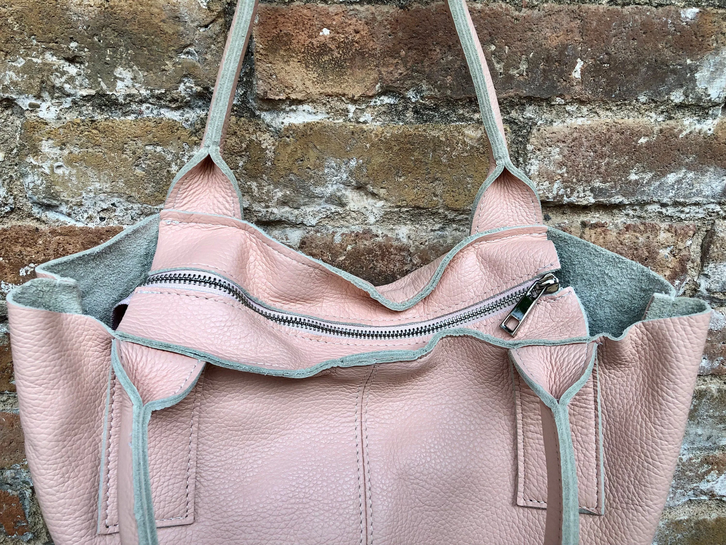 PINK shopper bag in GENUINE leather. Large carry all bag for your laptop, books. Light pink leather tote /  bucket bag. Pink leather purse