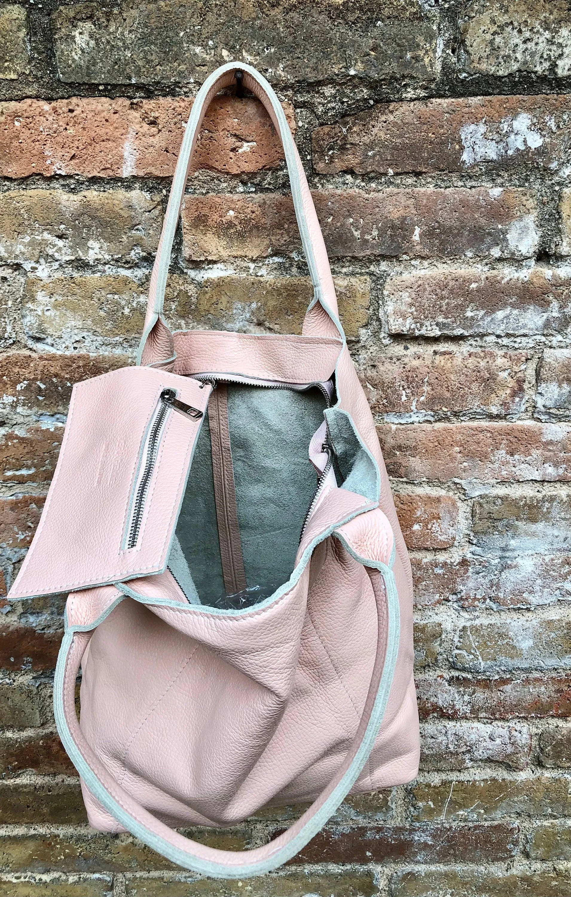 PINK shopper bag in GENUINE leather. Large carry all bag for your laptop, books. Light pink leather tote /  bucket bag. Pink leather purse