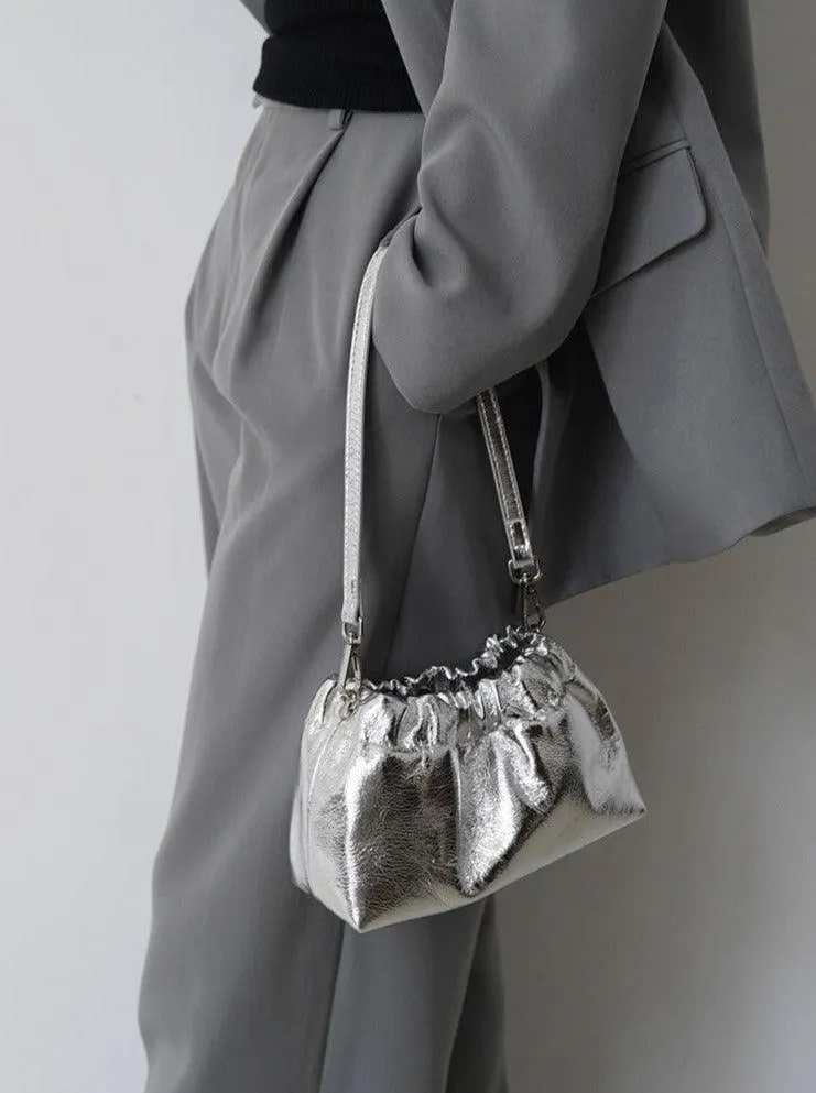 Pleated Cloud Chain Bag | Cowhide Small Silver Ball Minimalist Crossbody Bag