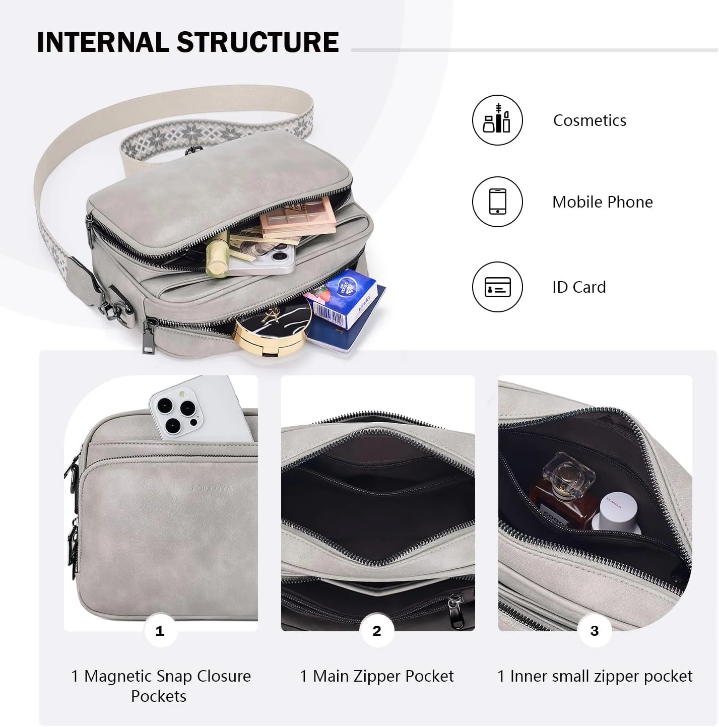 POIUGOYA Crossbody Purses for Women Trendy,Vegan Leather Medium Crossbody Bag,Women's Crossbody Travel Purse Built in Wallet