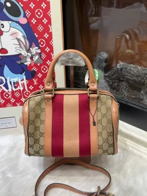 Preloved Gucci Boston Bag Beige Canvas and Leather Satchel