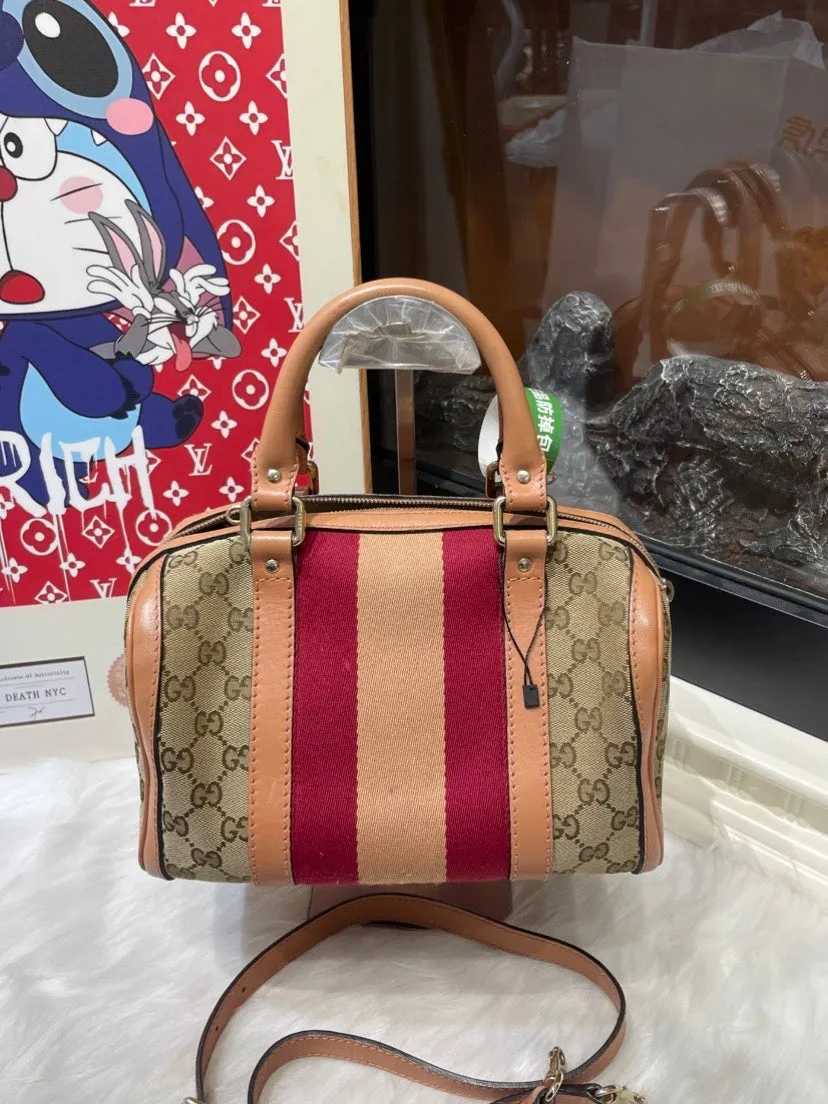 Preloved Gucci Boston Bag Beige Canvas and Leather Satchel