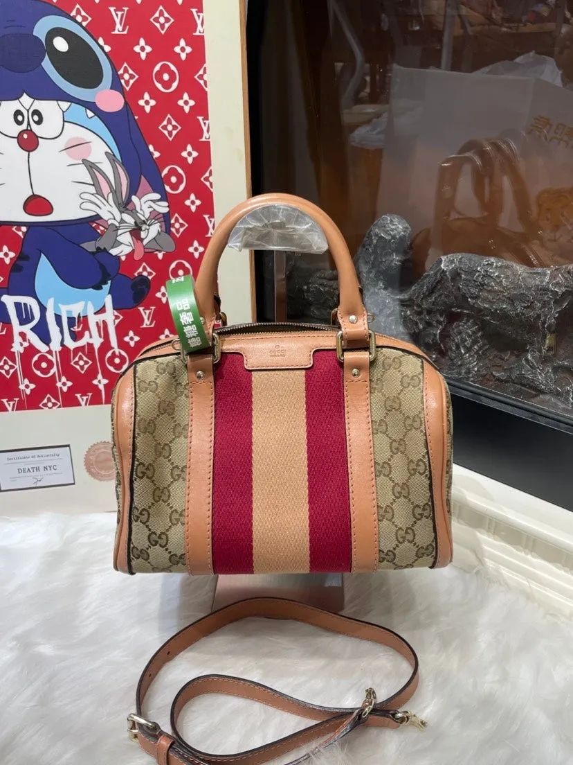 Preloved Gucci Boston Bag Beige Canvas and Leather Satchel