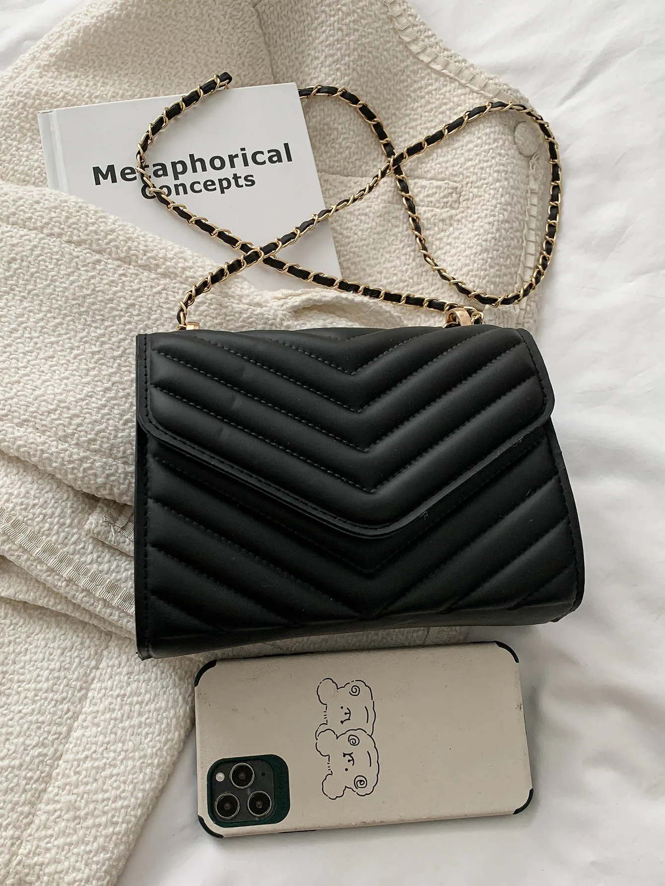 Quilted Pattern Flap Chain Square Bag  - Black- FD ⚡