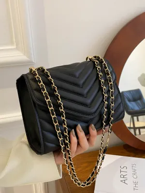 Quilted Pattern Flap Chain Square Bag  - Black- FD ⚡