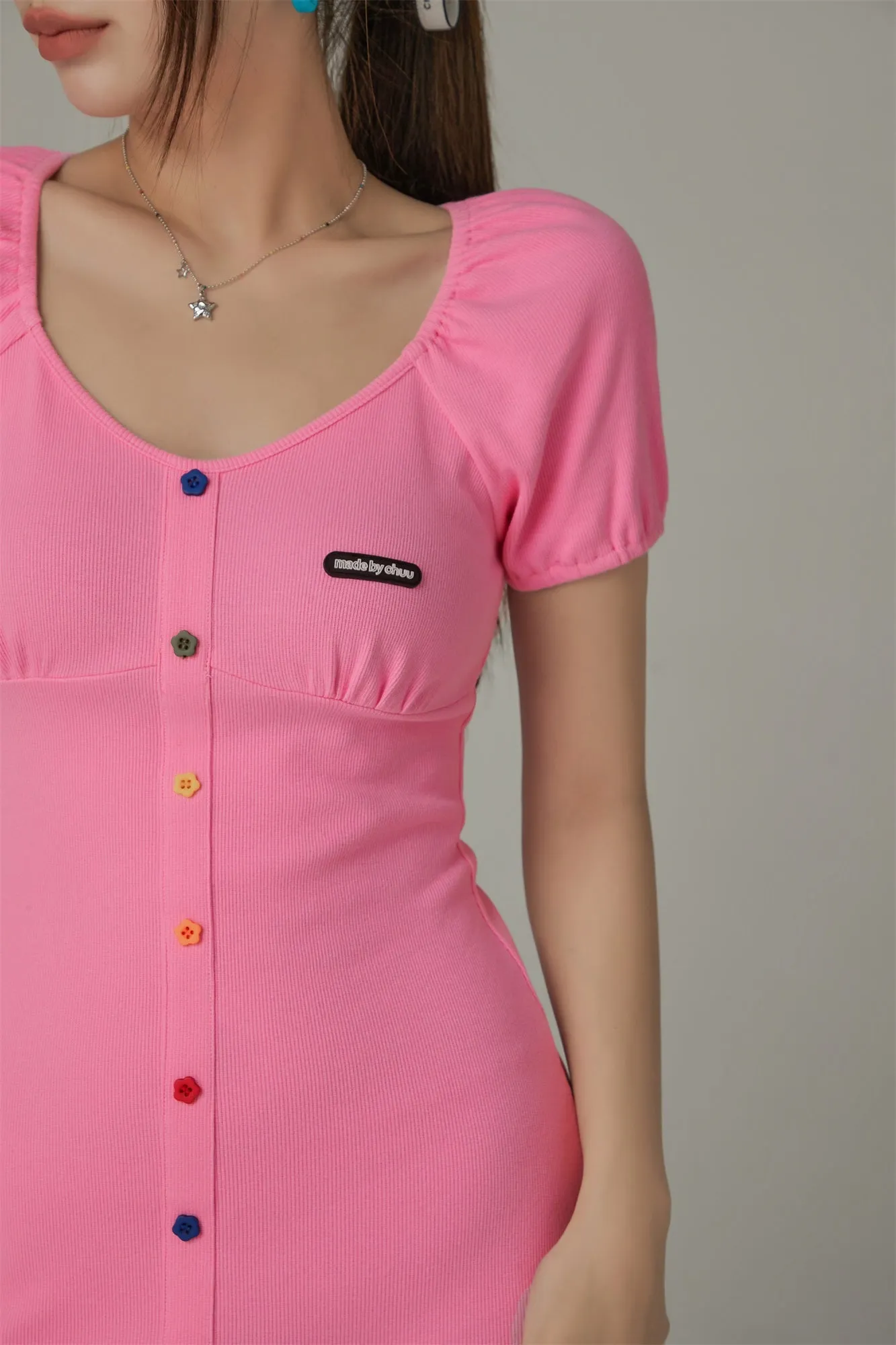 Rainbow Buttons V-Neck Puff Sleeve Mini Dress