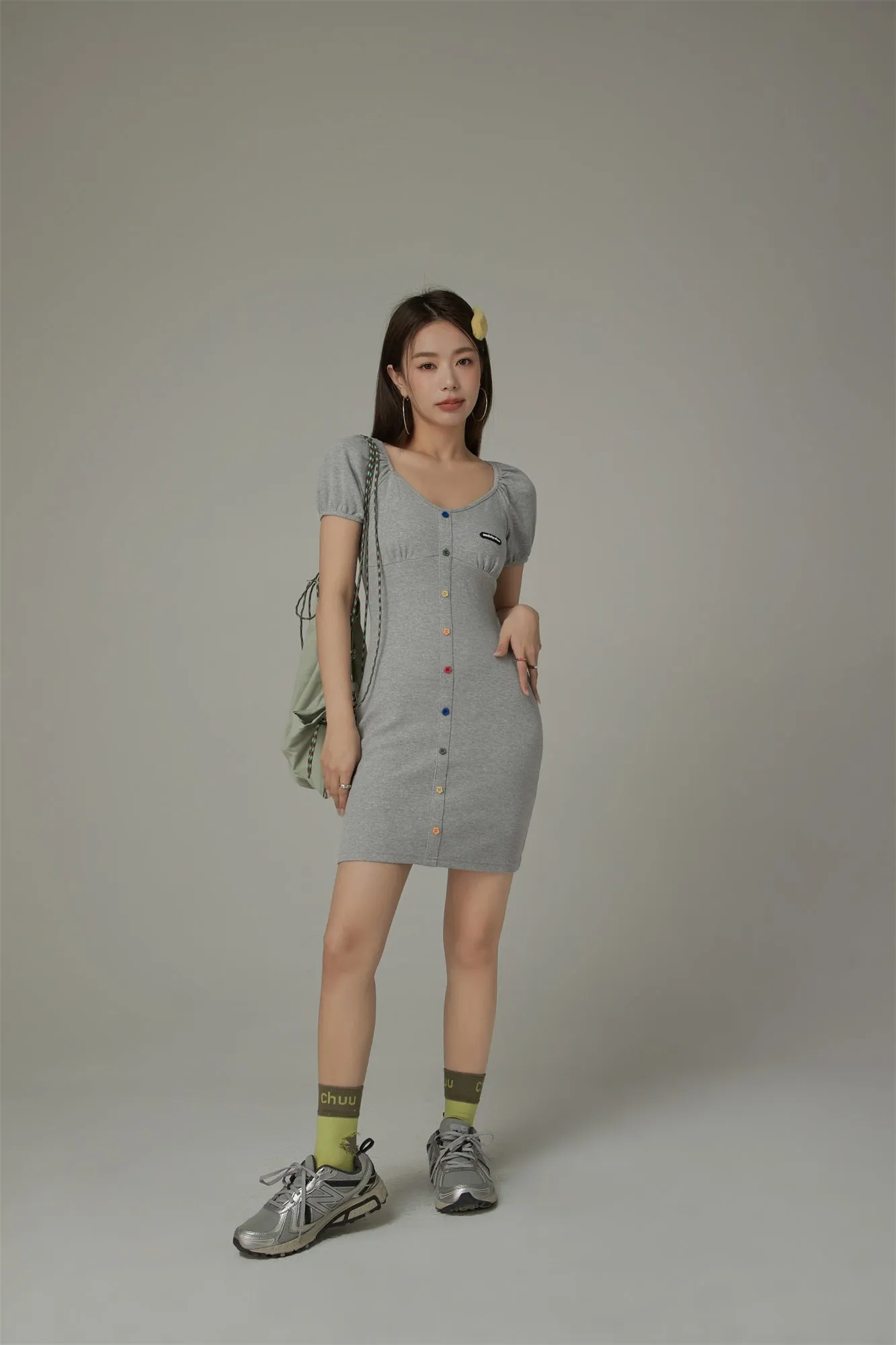 Rainbow Buttons V-Neck Puff Sleeve Mini Dress