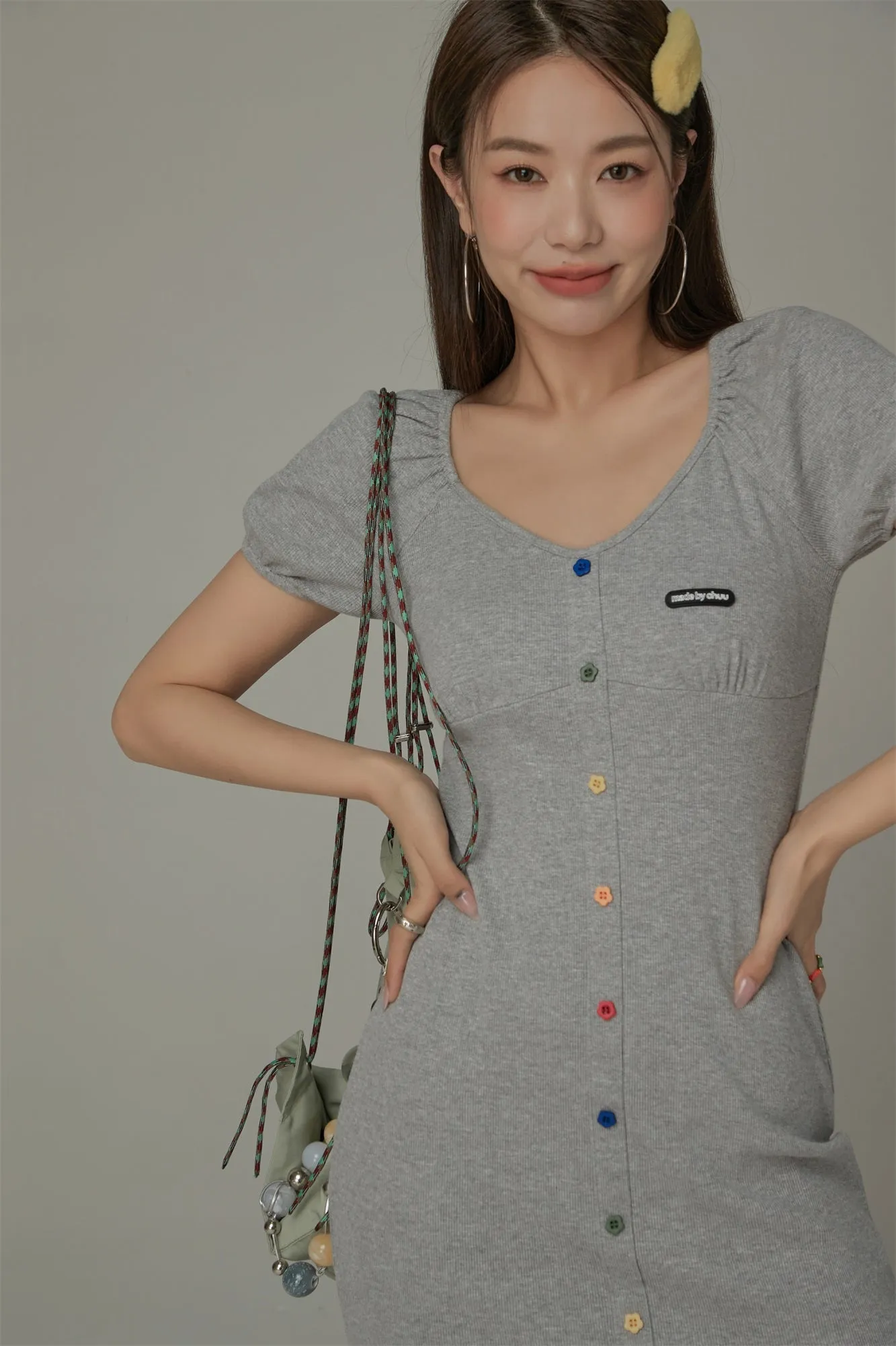Rainbow Buttons V-Neck Puff Sleeve Mini Dress