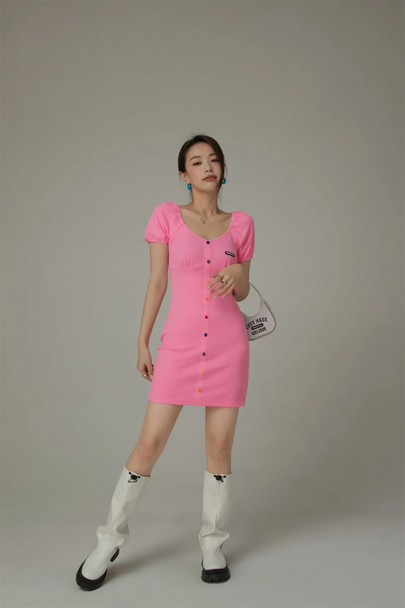 Rainbow Buttons V-Neck Puff Sleeve Mini Dress
