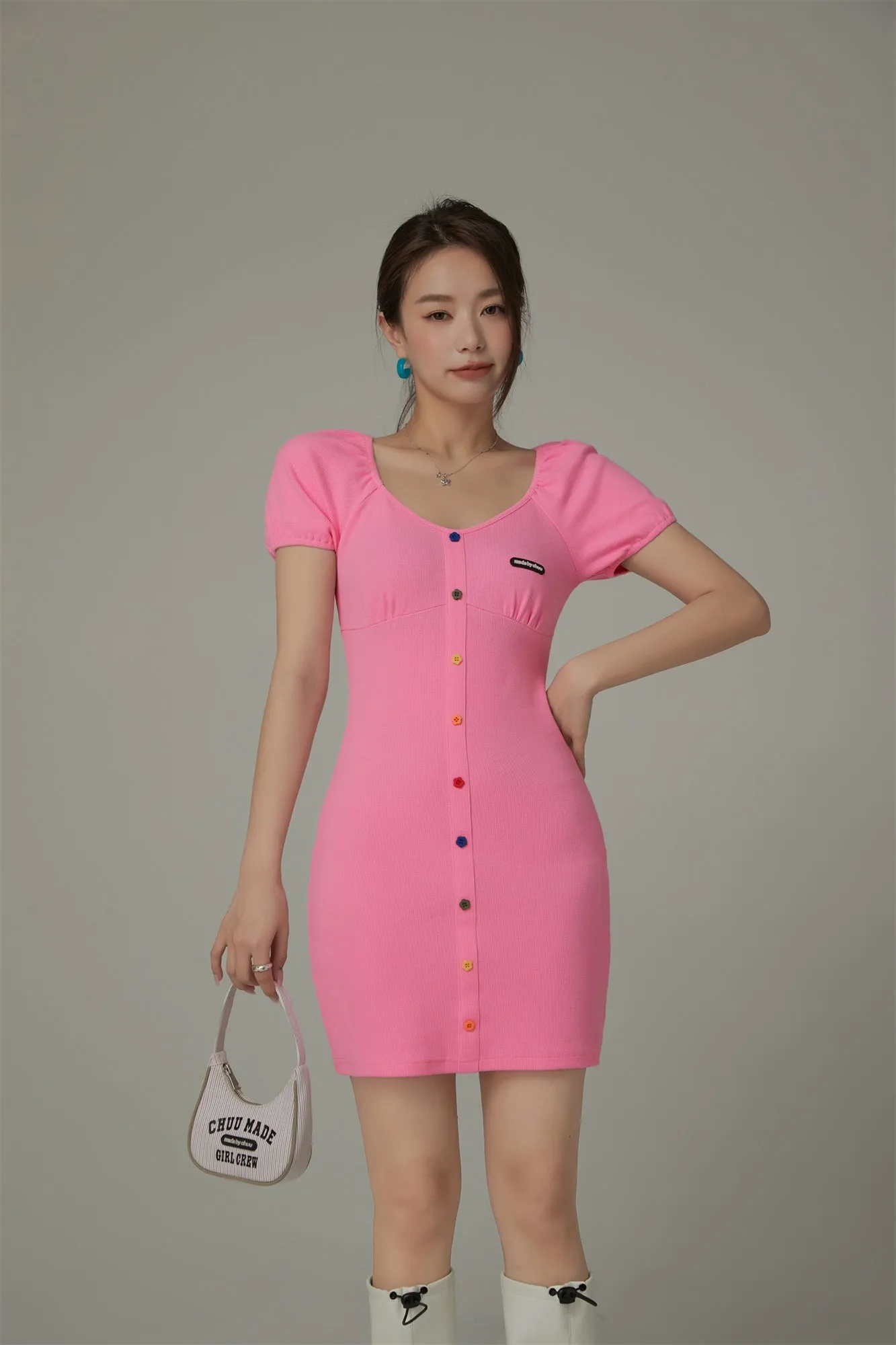 Rainbow Buttons V-Neck Puff Sleeve Mini Dress