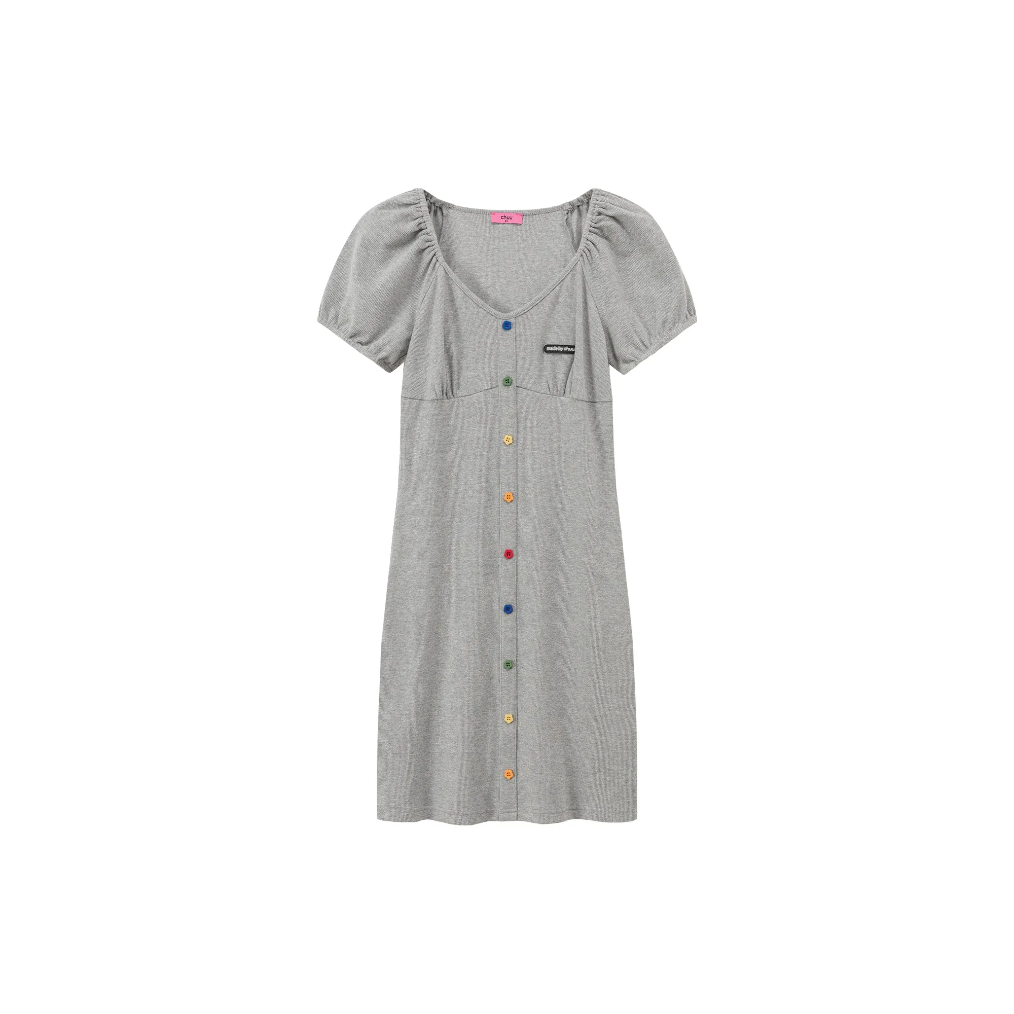 Rainbow Buttons V-Neck Puff Sleeve Mini Dress