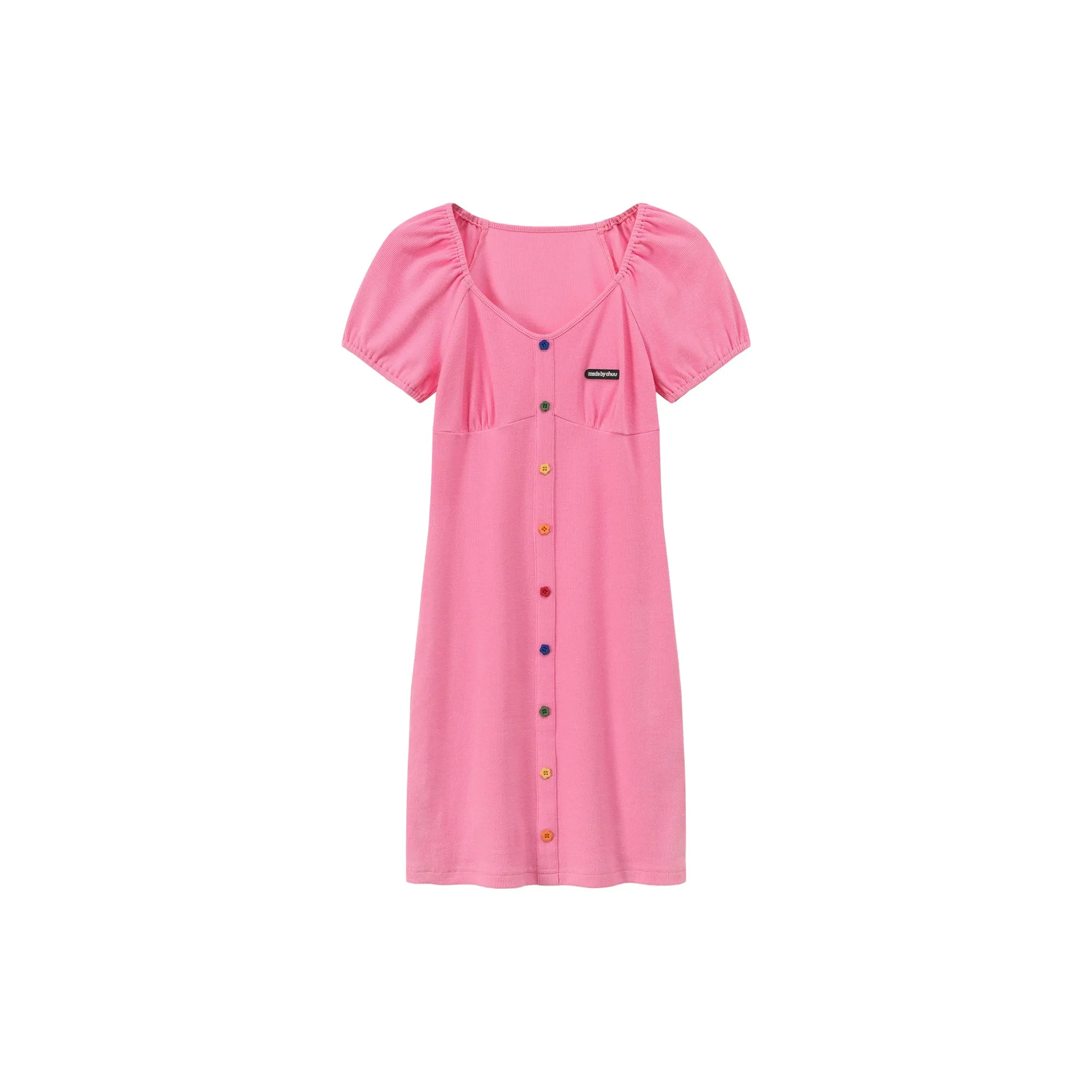 Rainbow Buttons V-Neck Puff Sleeve Mini Dress