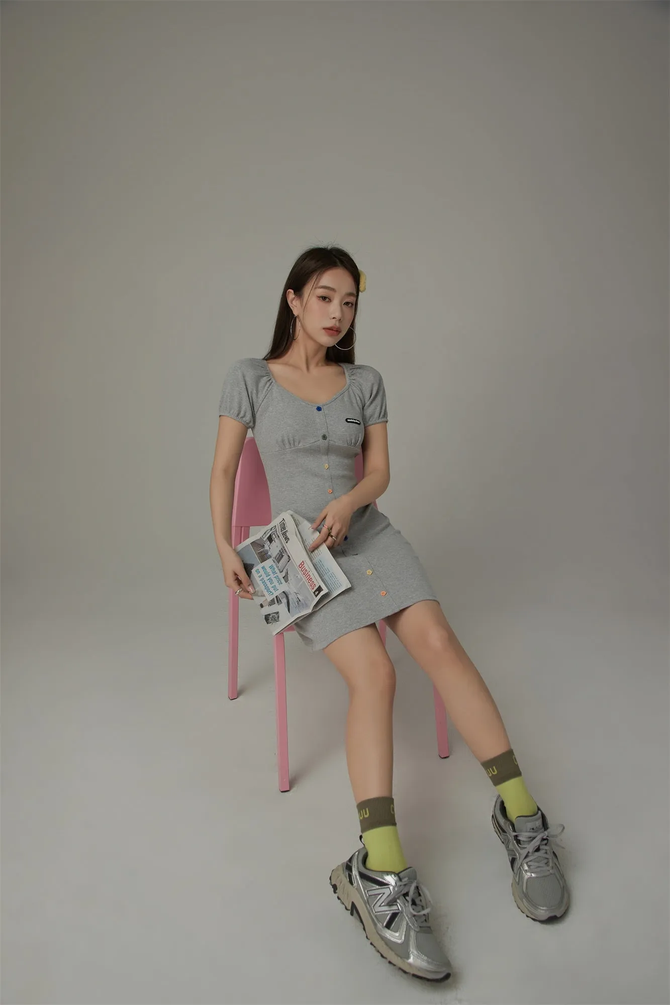 Rainbow Buttons V-Neck Puff Sleeve Mini Dress