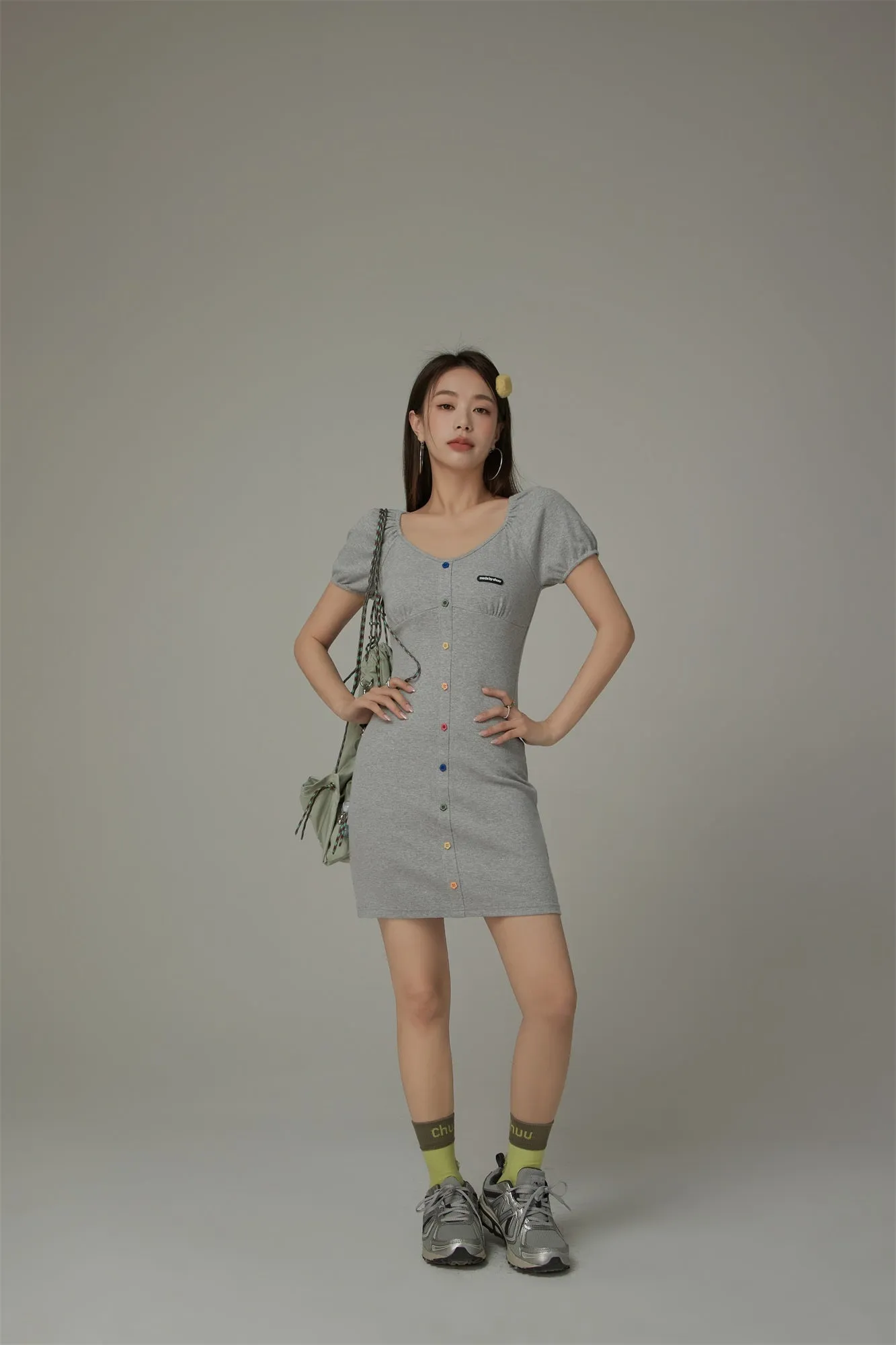 Rainbow Buttons V-Neck Puff Sleeve Mini Dress