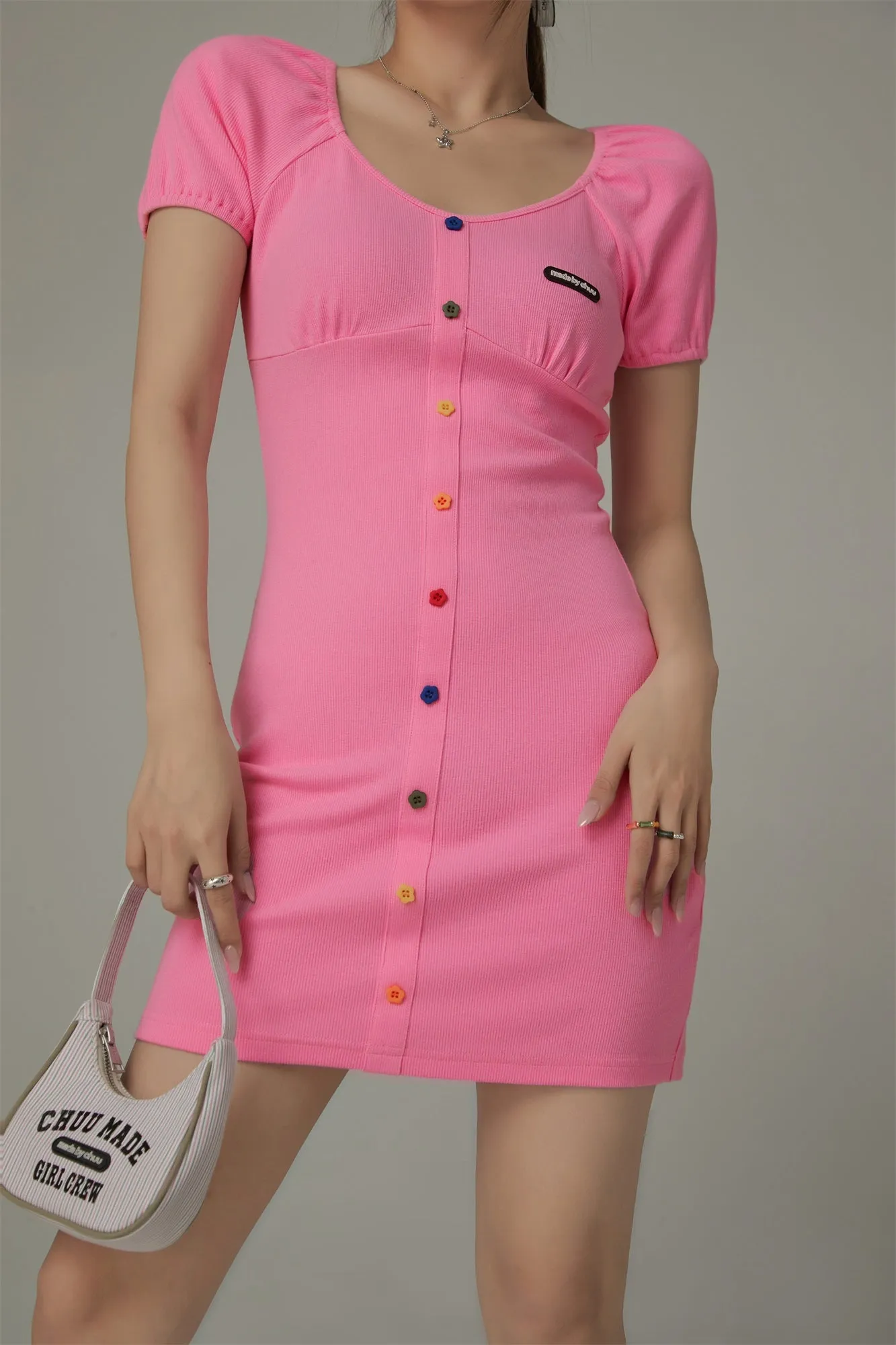 Rainbow Buttons V-Neck Puff Sleeve Mini Dress