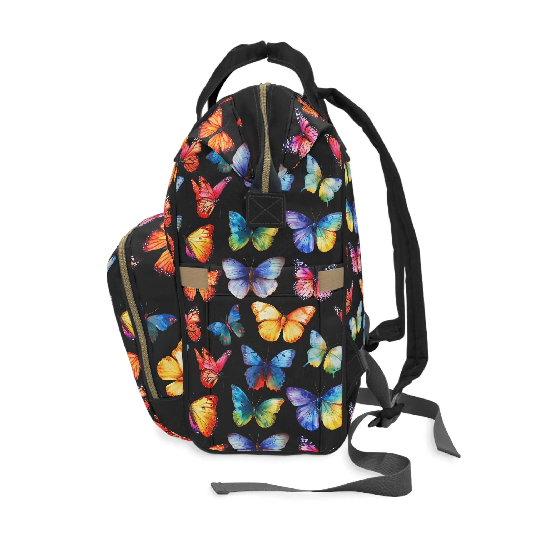 Rainbow Whirl: Butterflies in a Burst of Vibrant Colors on Black Multifunctional Diaper Backpack