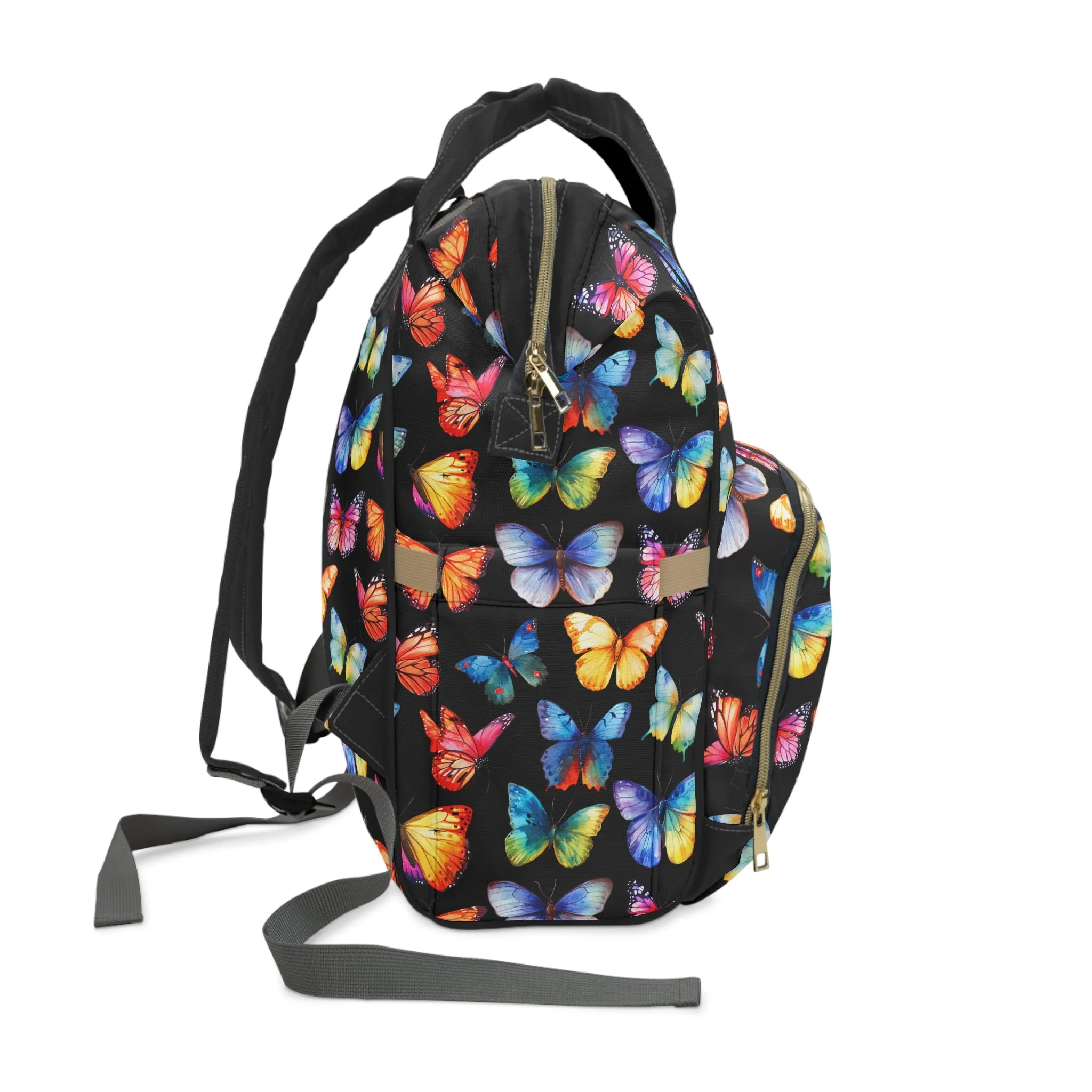 Rainbow Whirl: Butterflies in a Burst of Vibrant Colors on Black Multifunctional Diaper Backpack