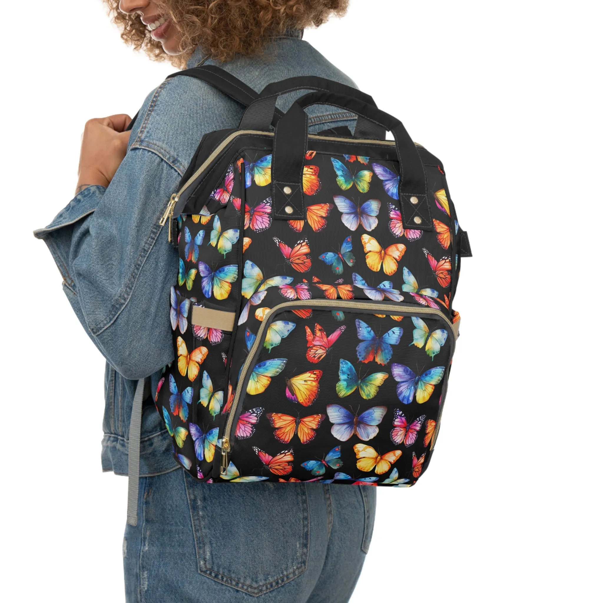 Rainbow Whirl: Butterflies in a Burst of Vibrant Colors on Black Multifunctional Diaper Backpack