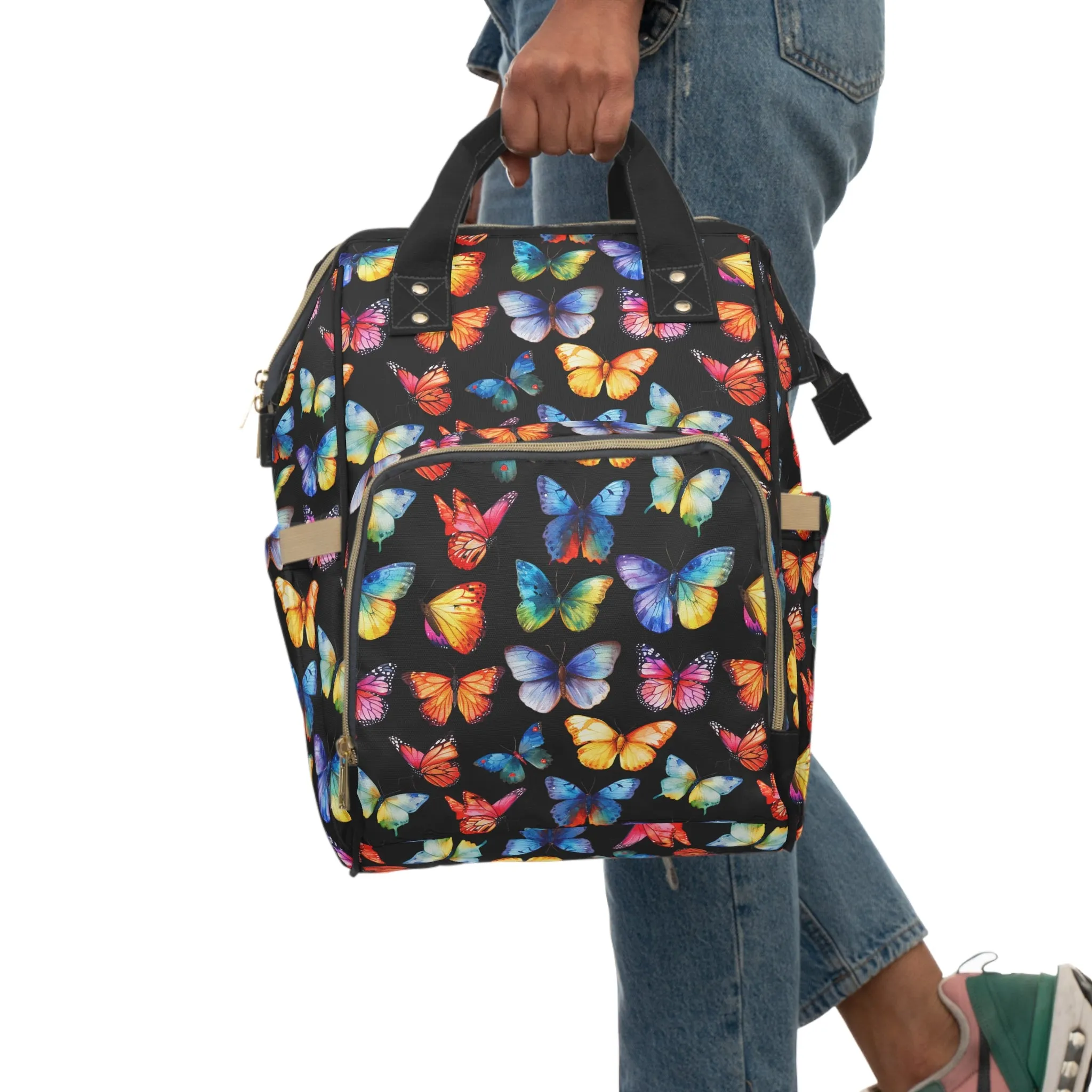 Rainbow Whirl: Butterflies in a Burst of Vibrant Colors on Black Multifunctional Diaper Backpack